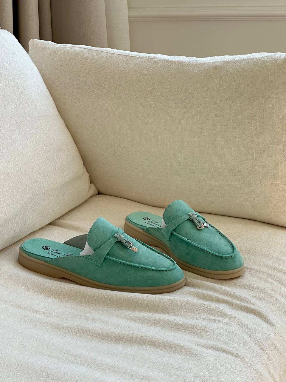 Loro Piana Mint Green Suede Bow Lock Flat Mule Slides