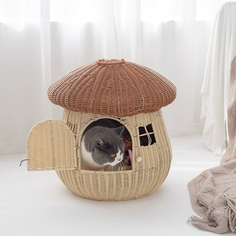 Handmade Mushroom-Shaped Wicker Pet Bed with Enclosed Door, Cute Natural Breathable Shelter - MAISONKAIRON