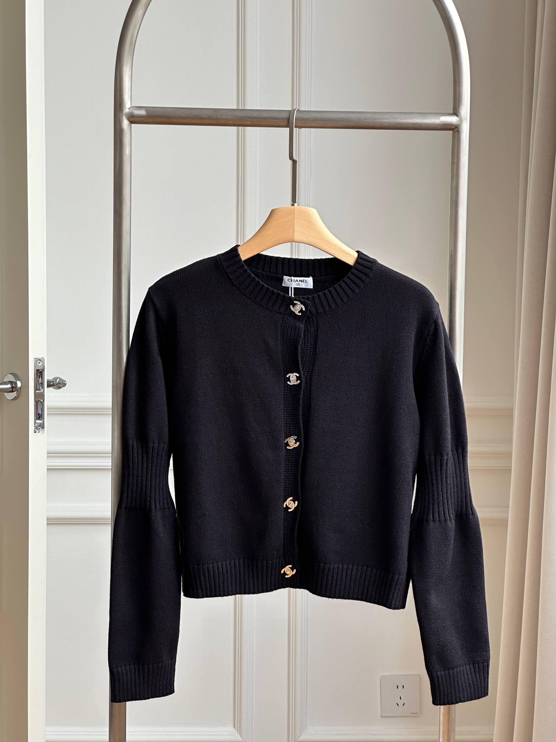 Chanel Classic Double C Buckle Black Crew Neck Knit Cardigan