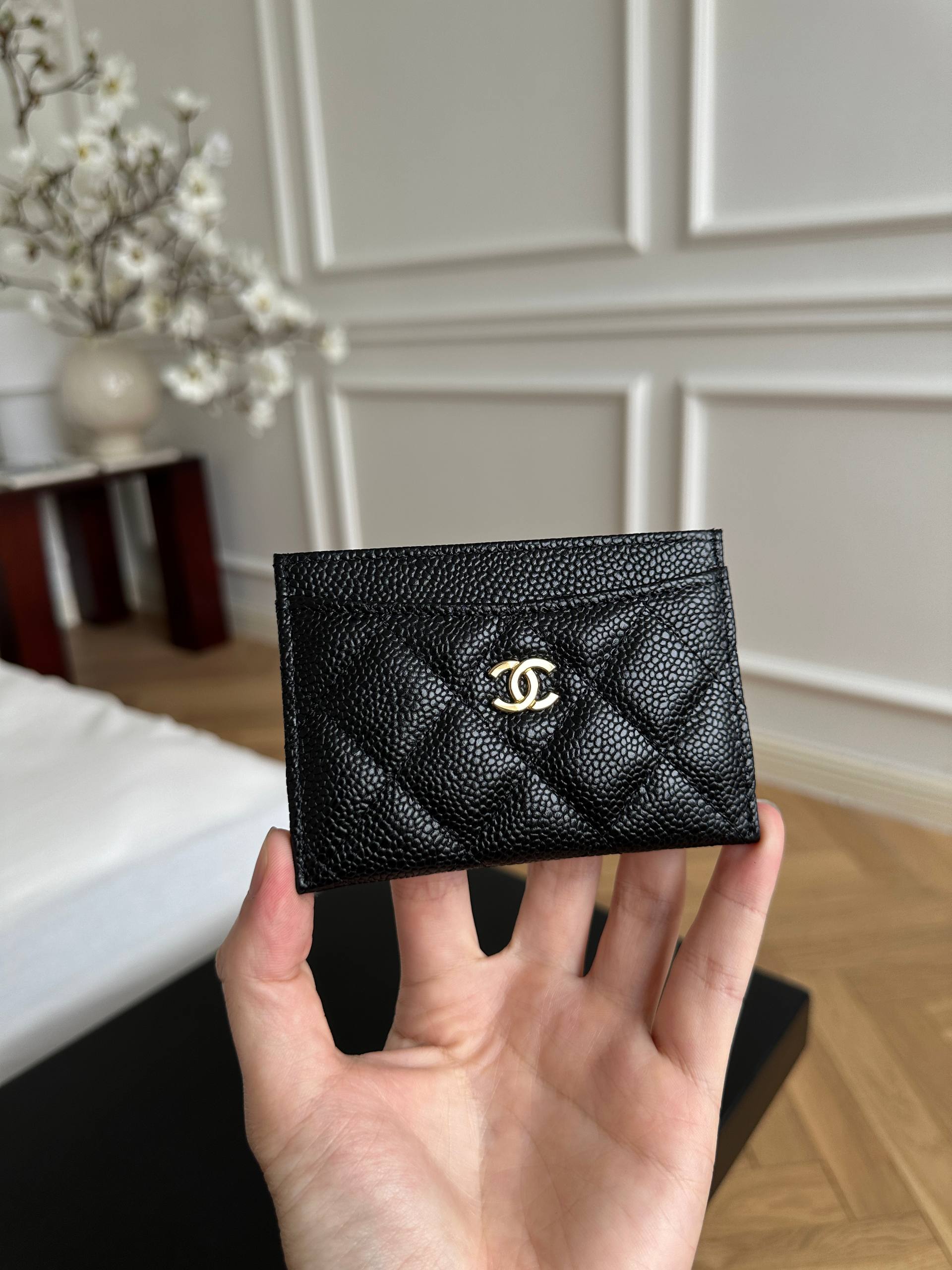Chanel Black Caviar Quilted Card Holder with Gold CC Logo