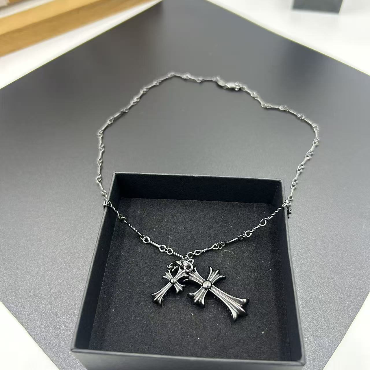 CHROME HEARTS BLACK DIAMOND DOUBLE CROSS LAYERED NECKLACE