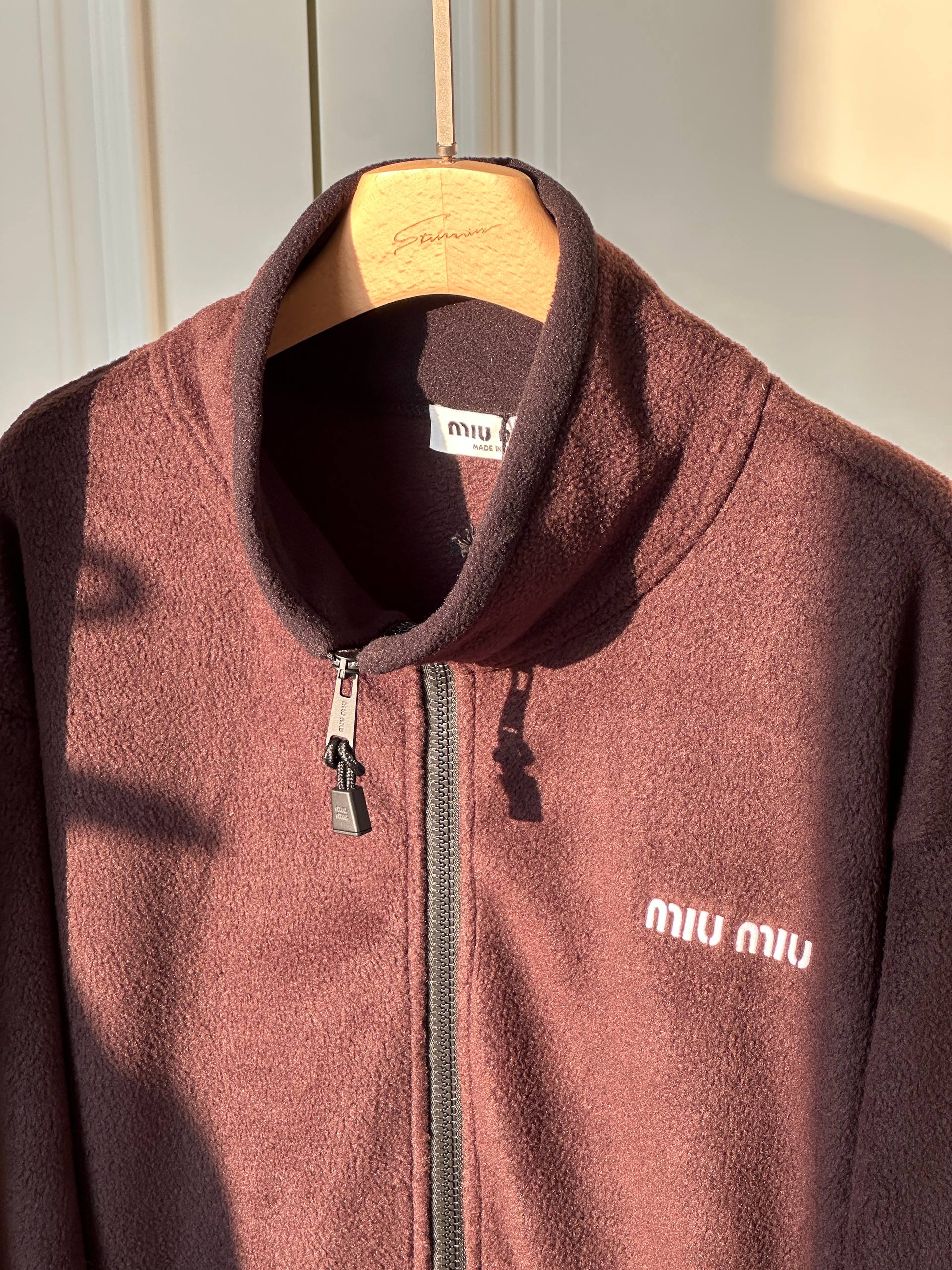 Miu Miu Stand Collar Fleece Zip Jacket with Chest Logo Embroidery