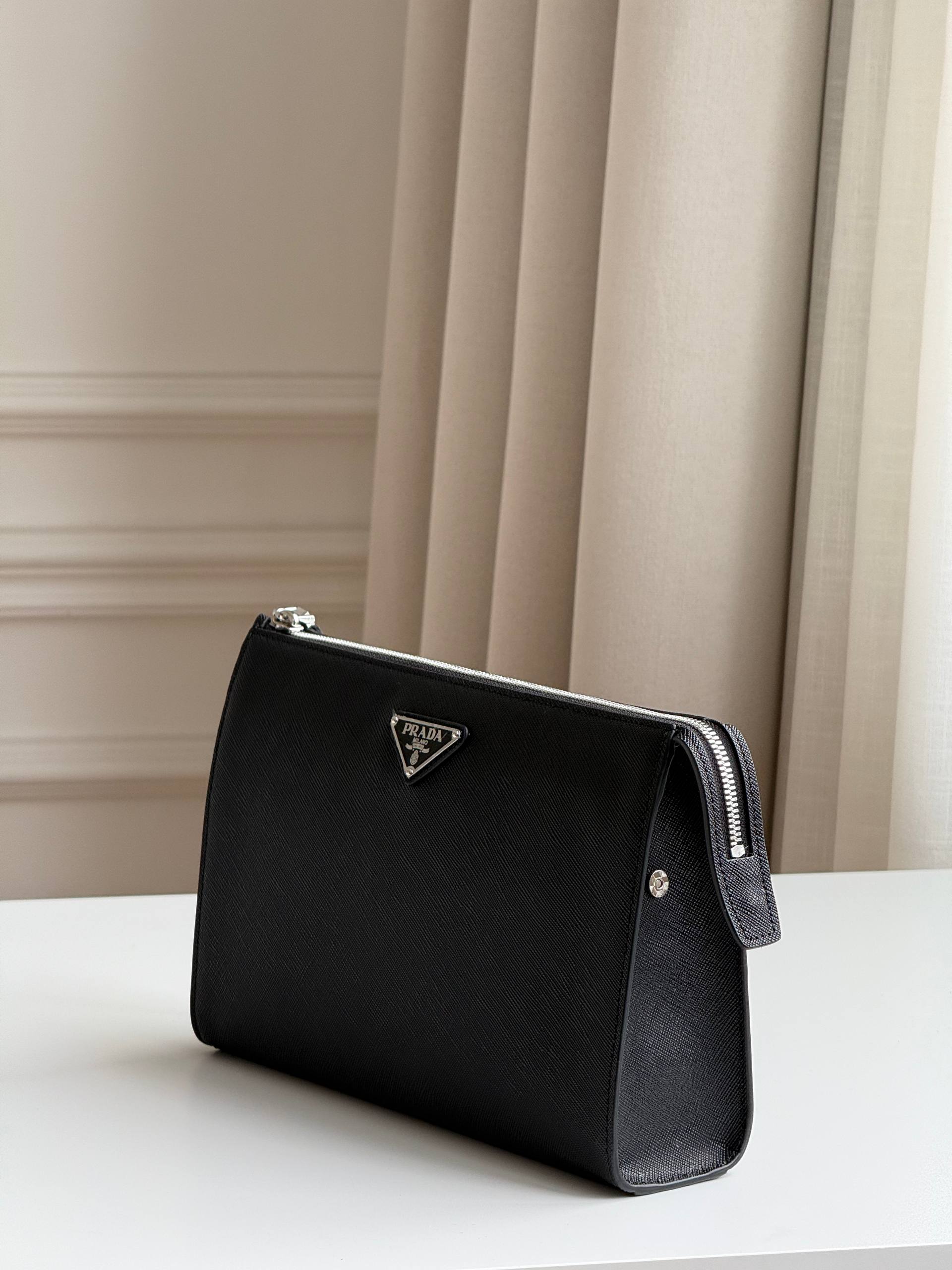 Prada Saffiano Leather Triangle Logo Zip Clutch Pouch