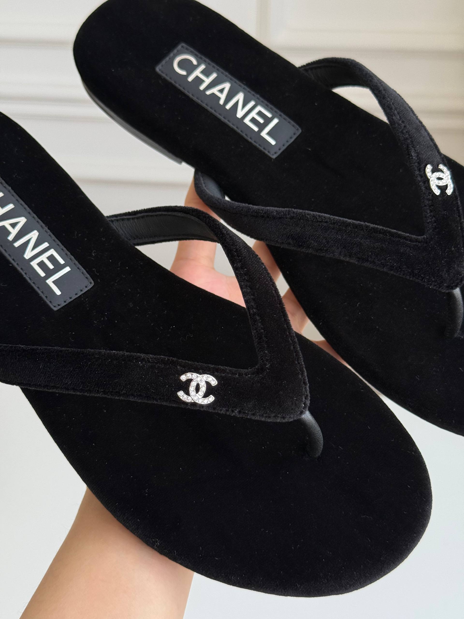 Chanel Velvet Crystal CC Logo Flip Flops