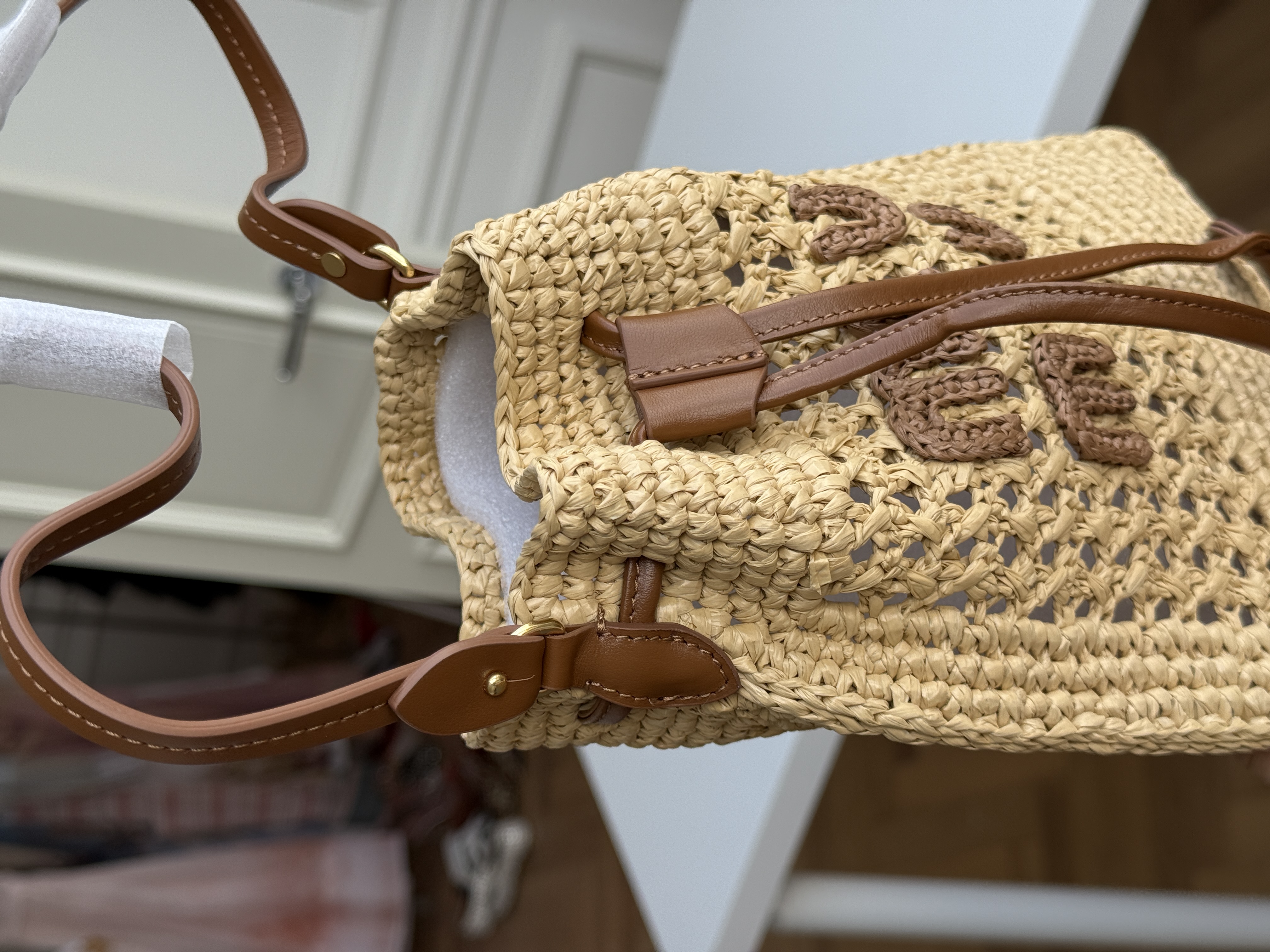 Miu Miu Beige Raffia Woven Drawstring Bucket Crossbody Bag