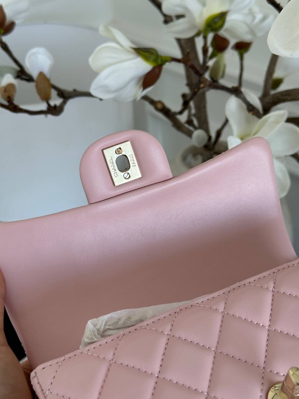 Chanel Sakura Pink Lambskin Quilted Top Handle Mini Classic Flap Bag
