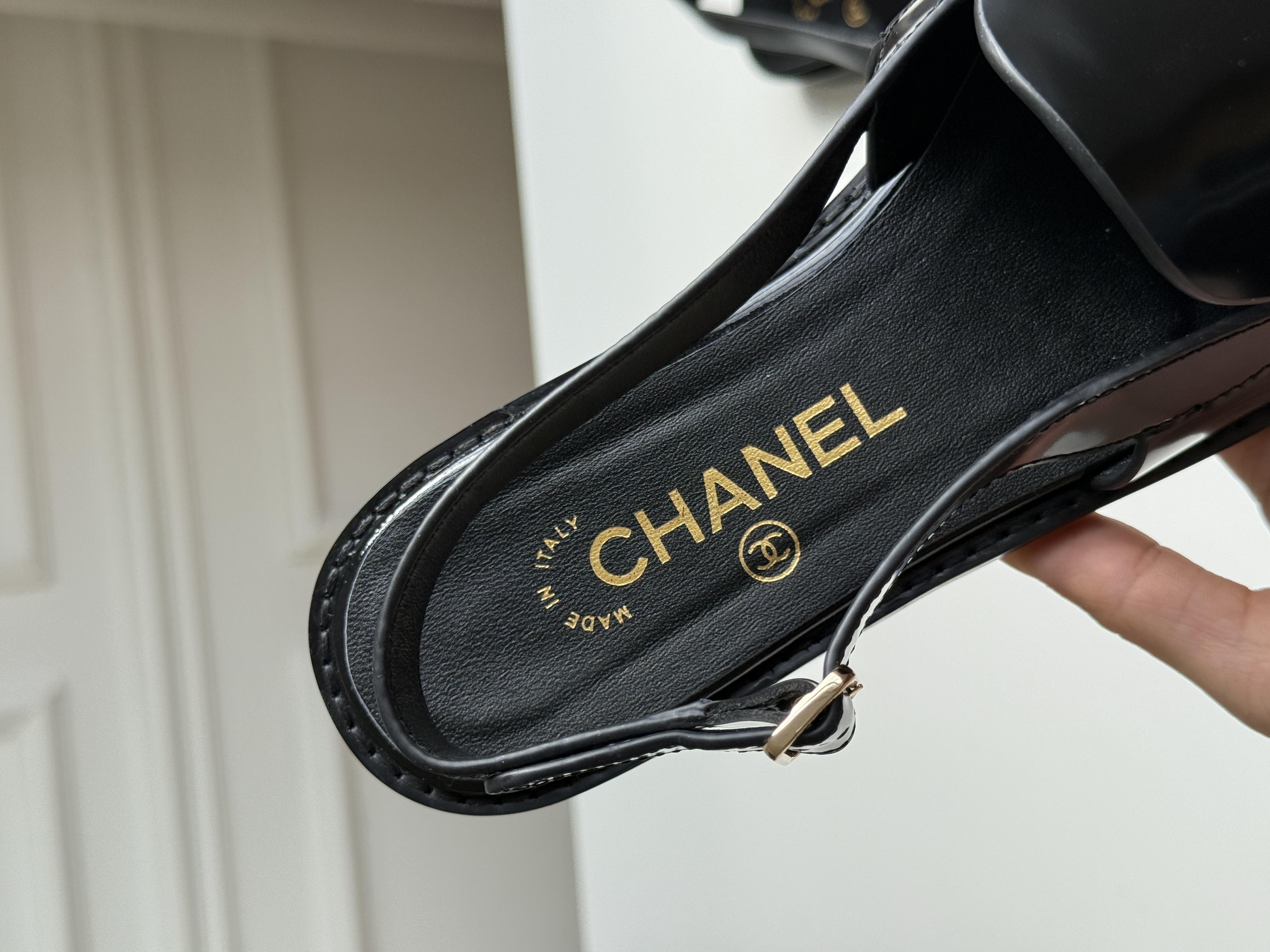 Chanel Patent Leather Crystal CC Slingback Loafers