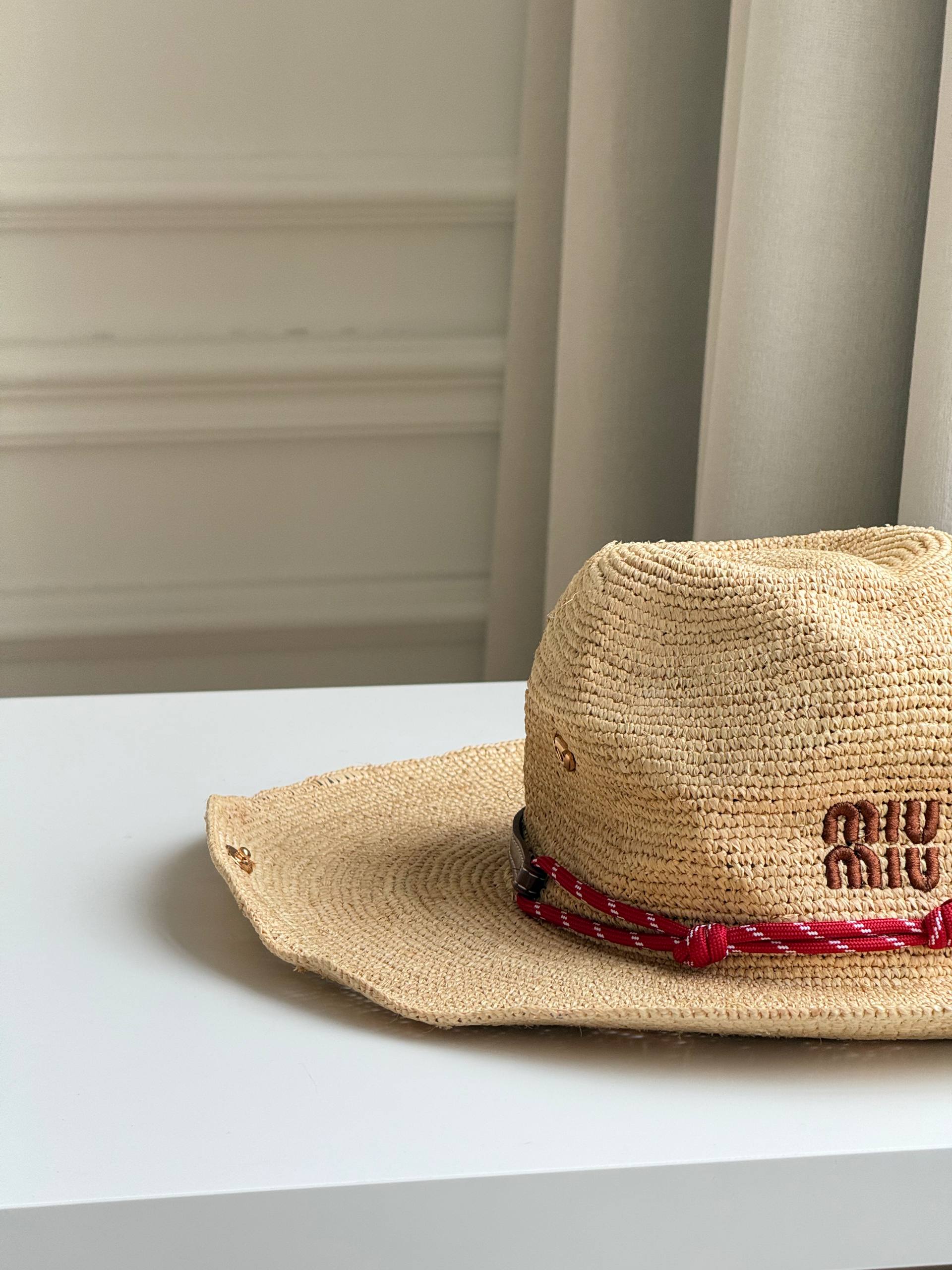 Miu Miu Raffia Woven Cowboy-Style Wide-Brim Straw Hat