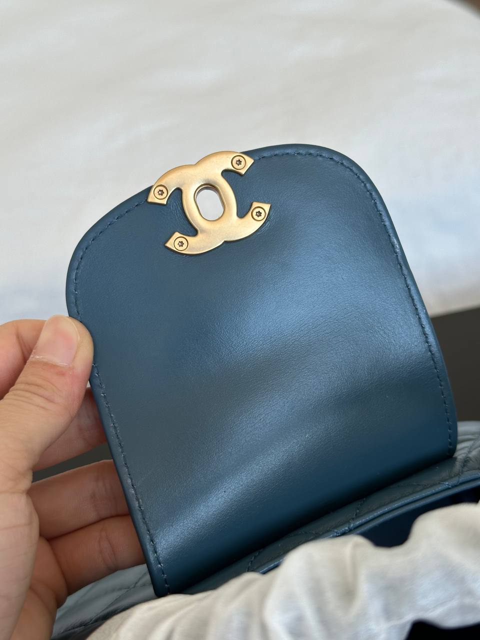 Chanel Smoky Blue Lambskin Quilted Mini Kelly Top Handle Bag