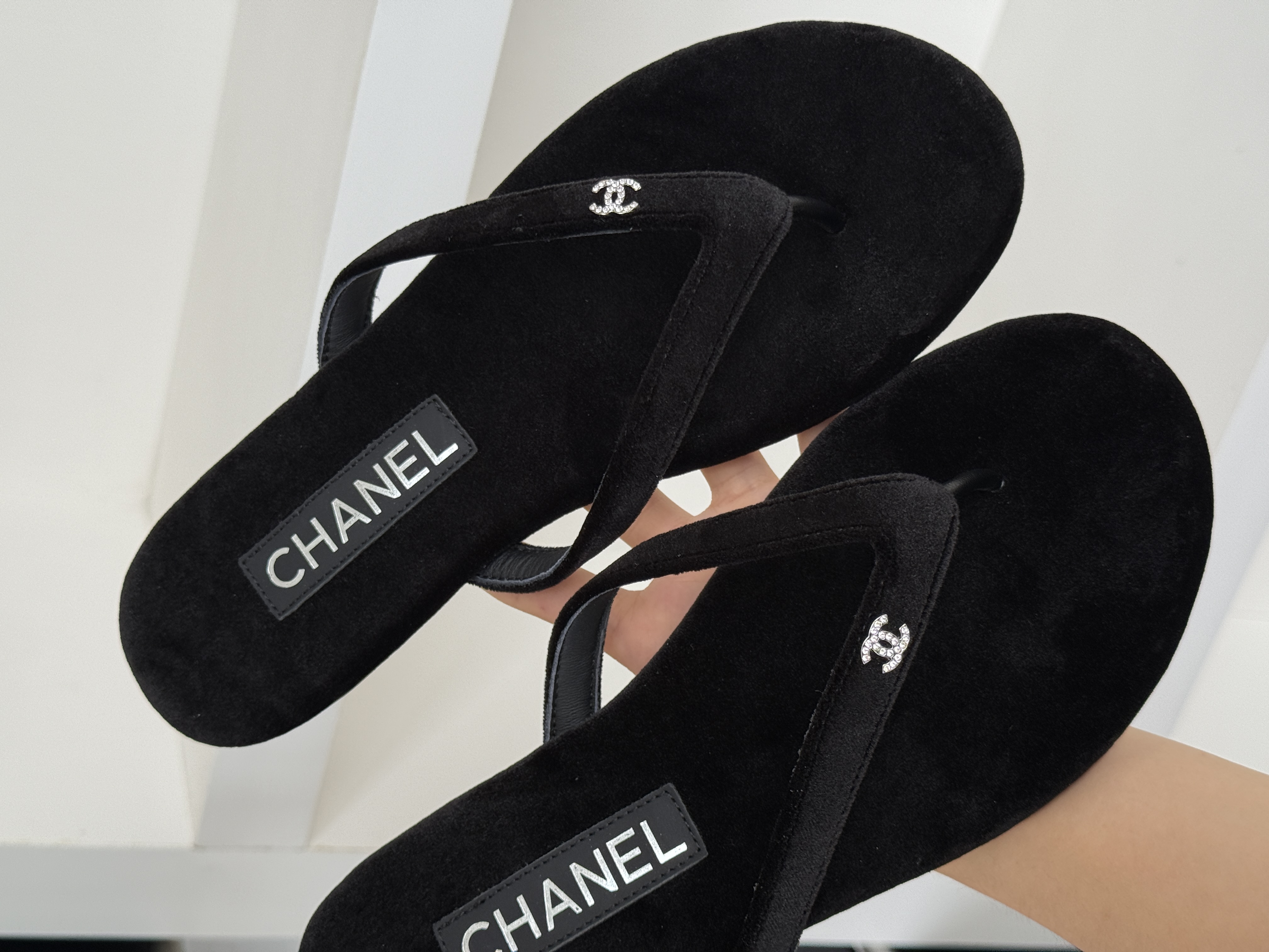 CHANEL Velvet Flip-Flop Sandals with Crystal CC Logo