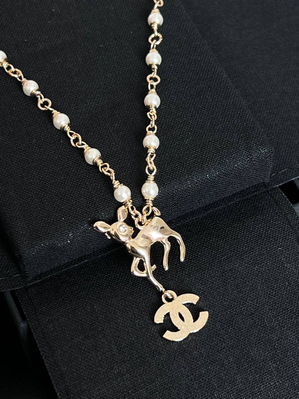 Chanel Light Gold Pearl Chain Bambi Crystal Interlocking CC Pendant Necklace