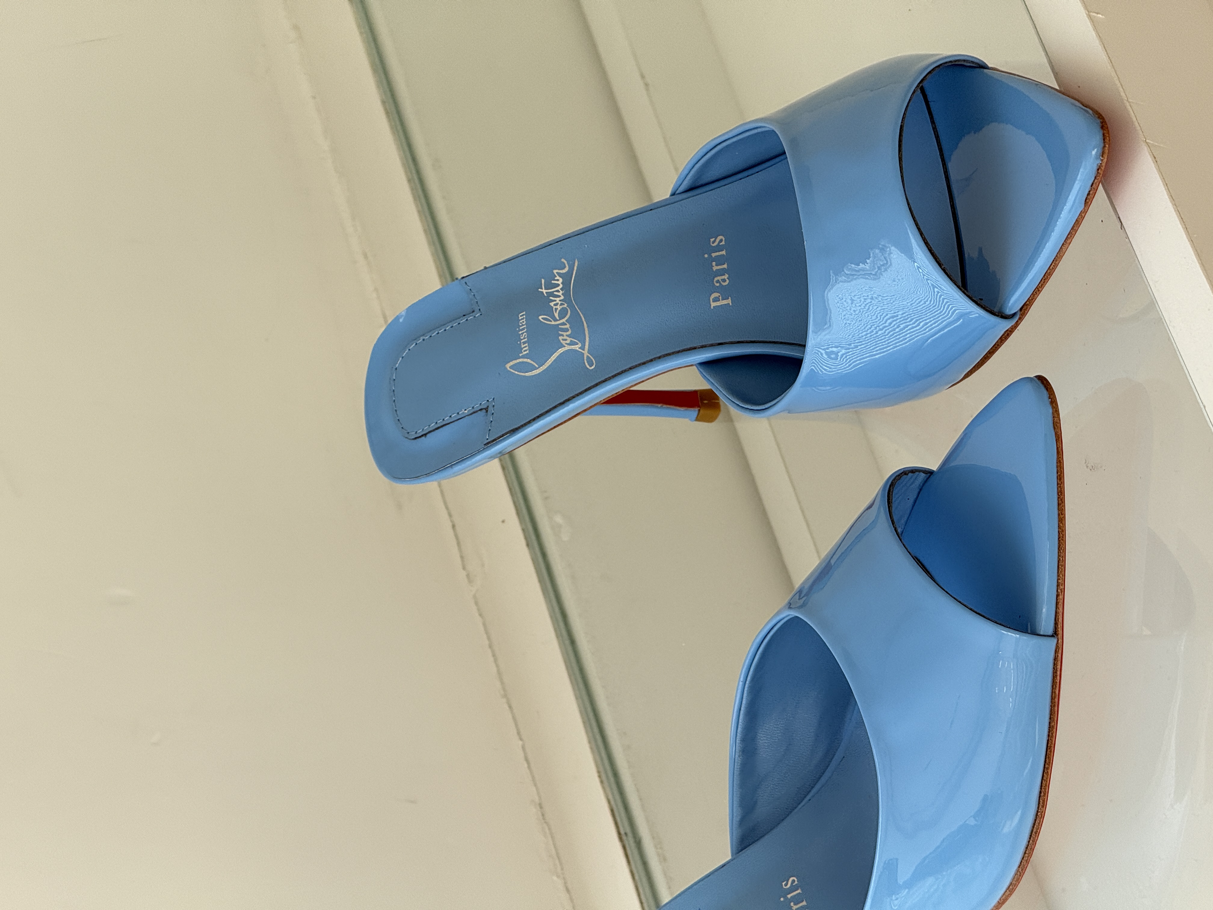 Christian Louboutin Ice blue patent leather mules with red soles