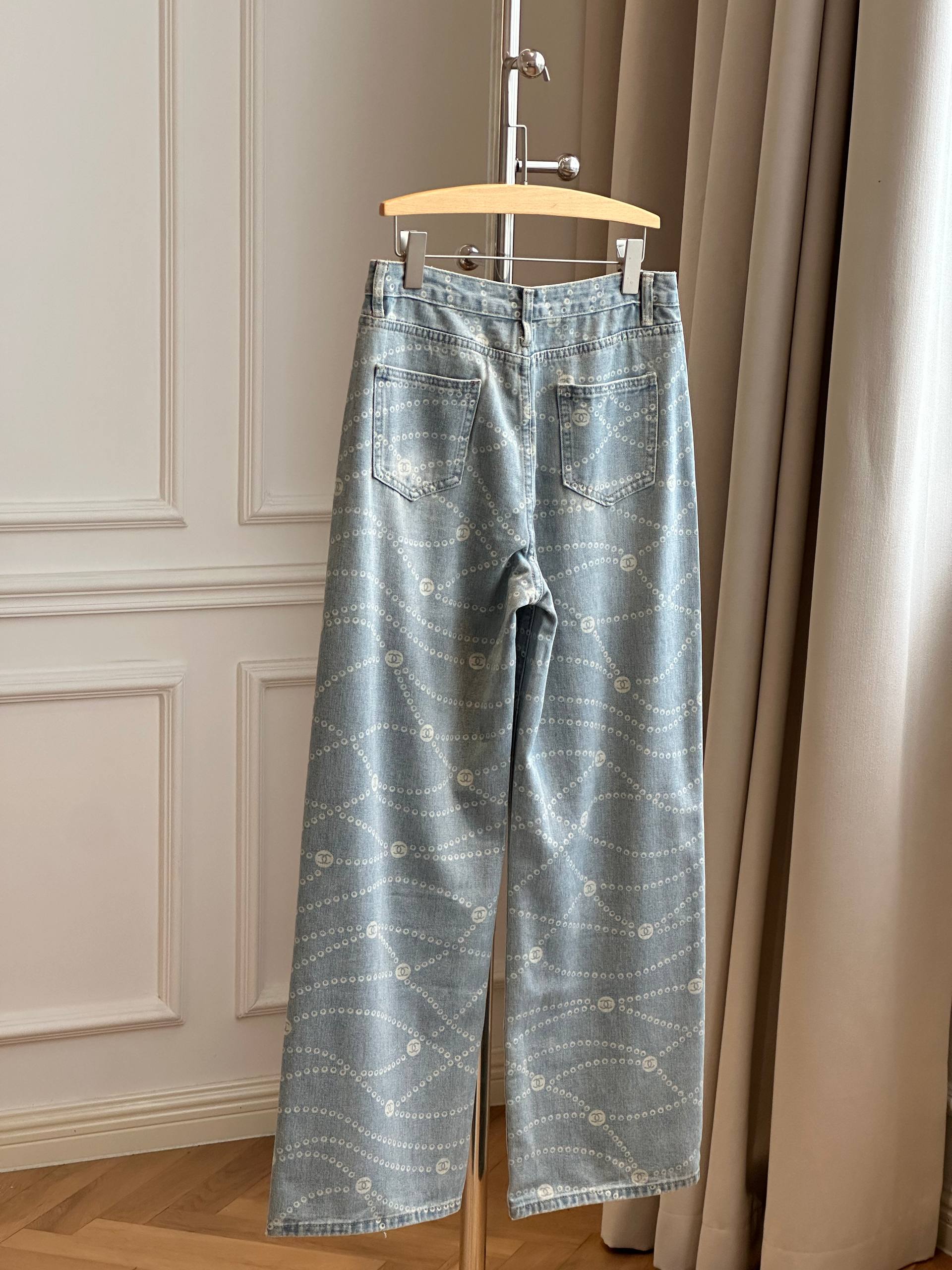 Chanel Pearl Chain CC Logo Printed Wide-Leg Jeans