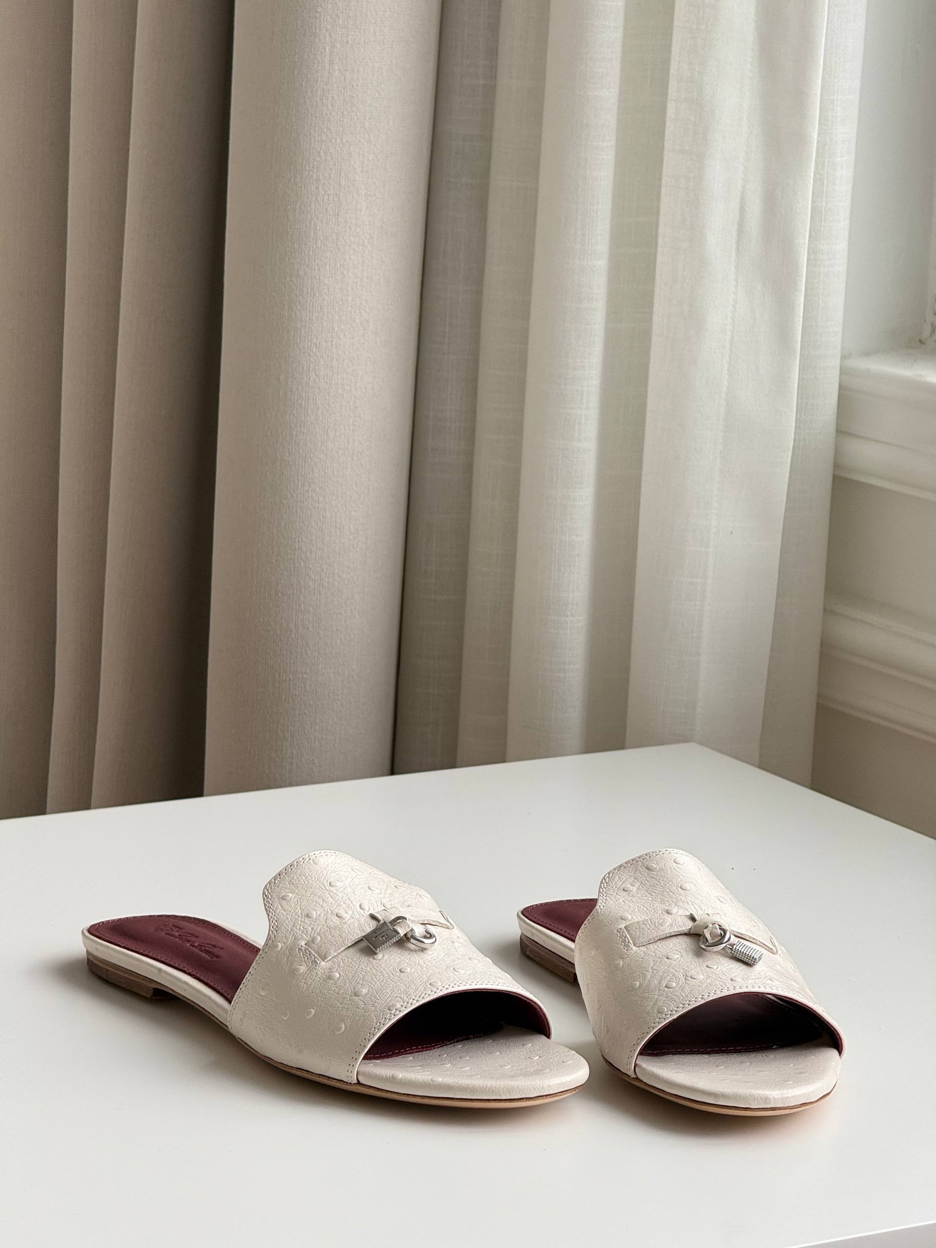 Loro Piana Ostrich-Embossed Leather Flat Slide Sandals