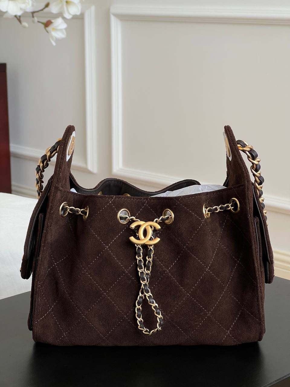 Chanel Dark Brown Suede Quilted CC Lock Drawstring Chain Hobo Underarm Bag