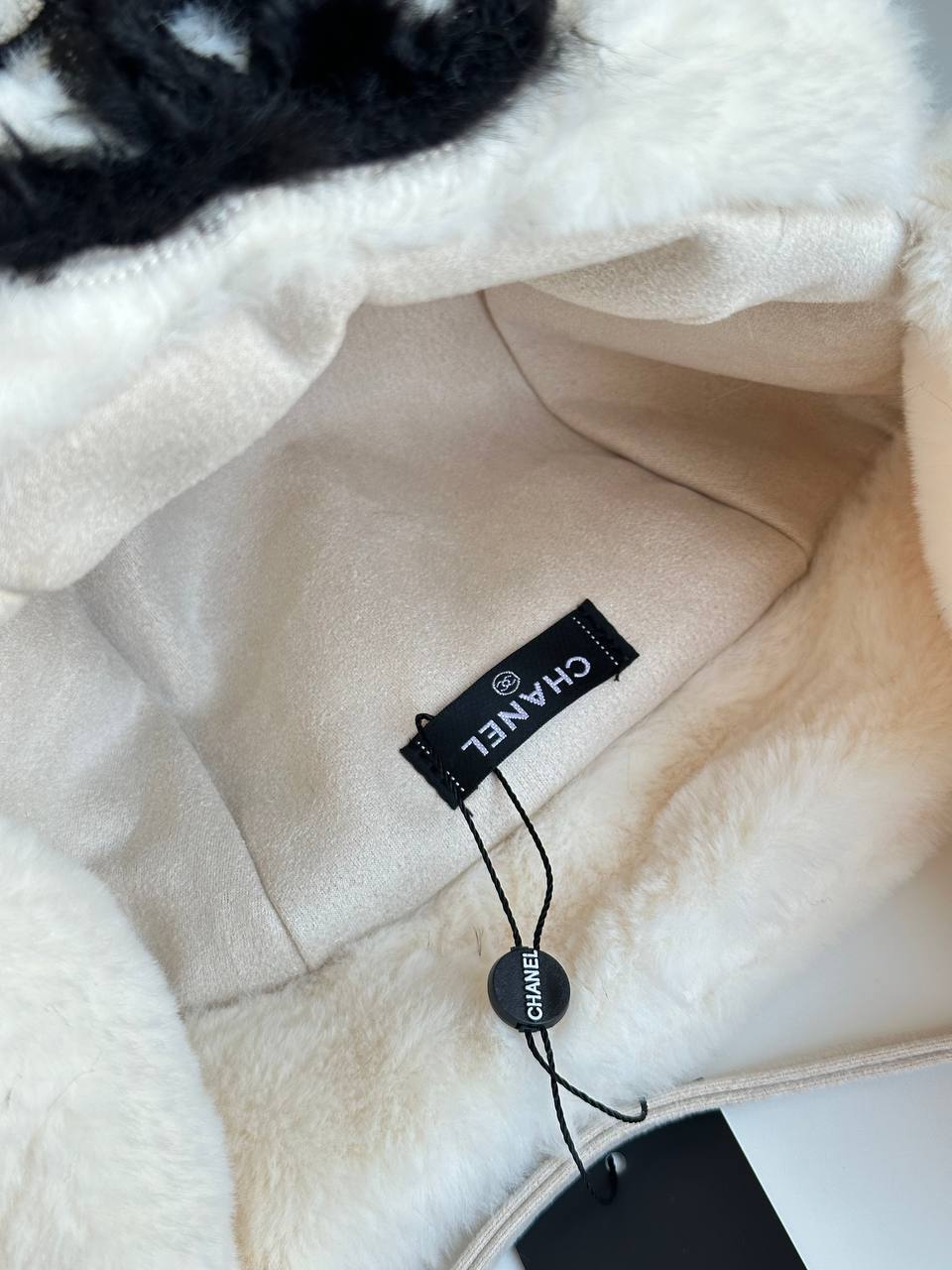 Chanel Off-White Faux Shearling Fur Embroidered CC Ear Flap Trapper Hat