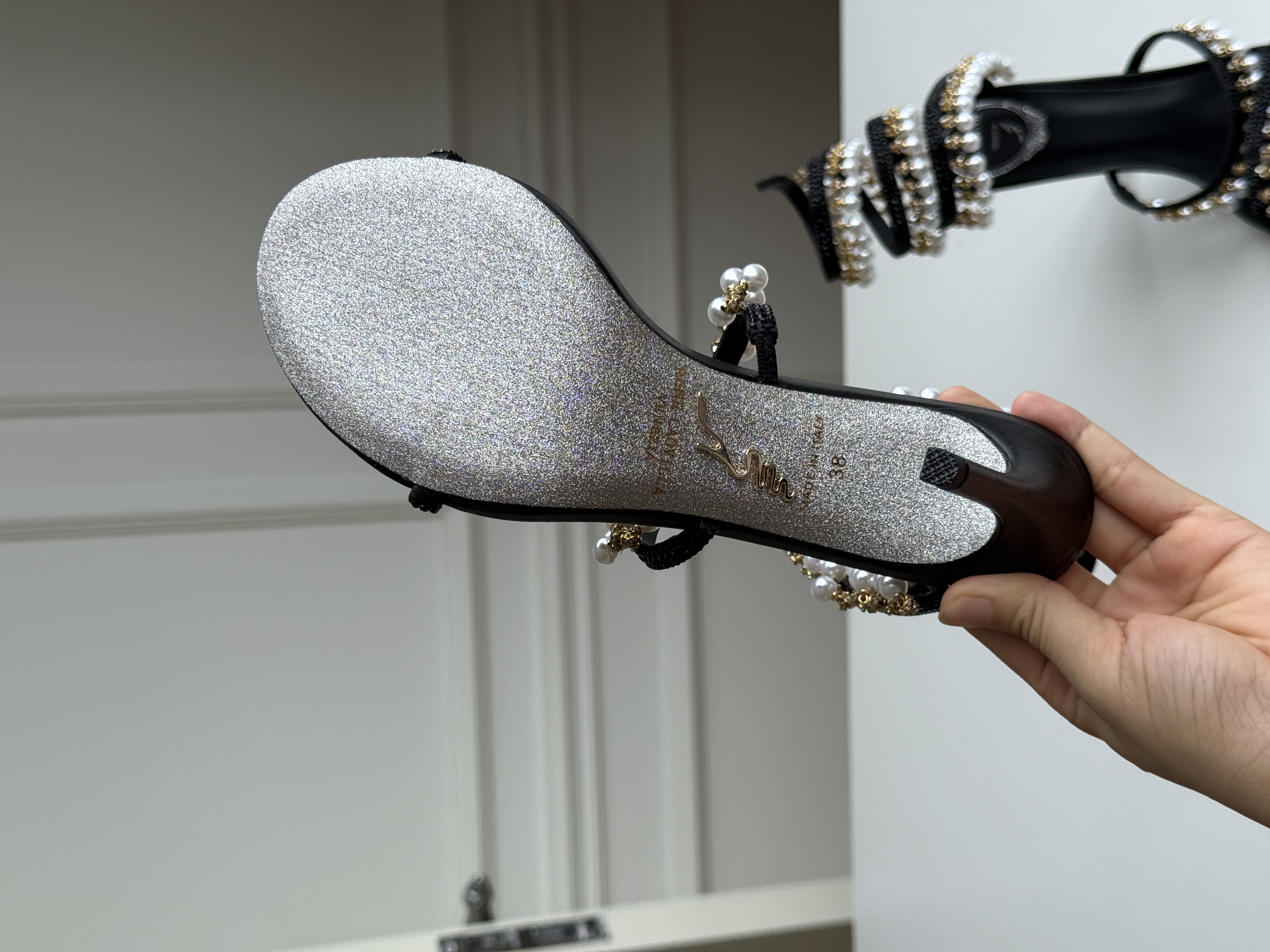 René Caovilla Pearl Wrapped Snake Thin Heel Sandals