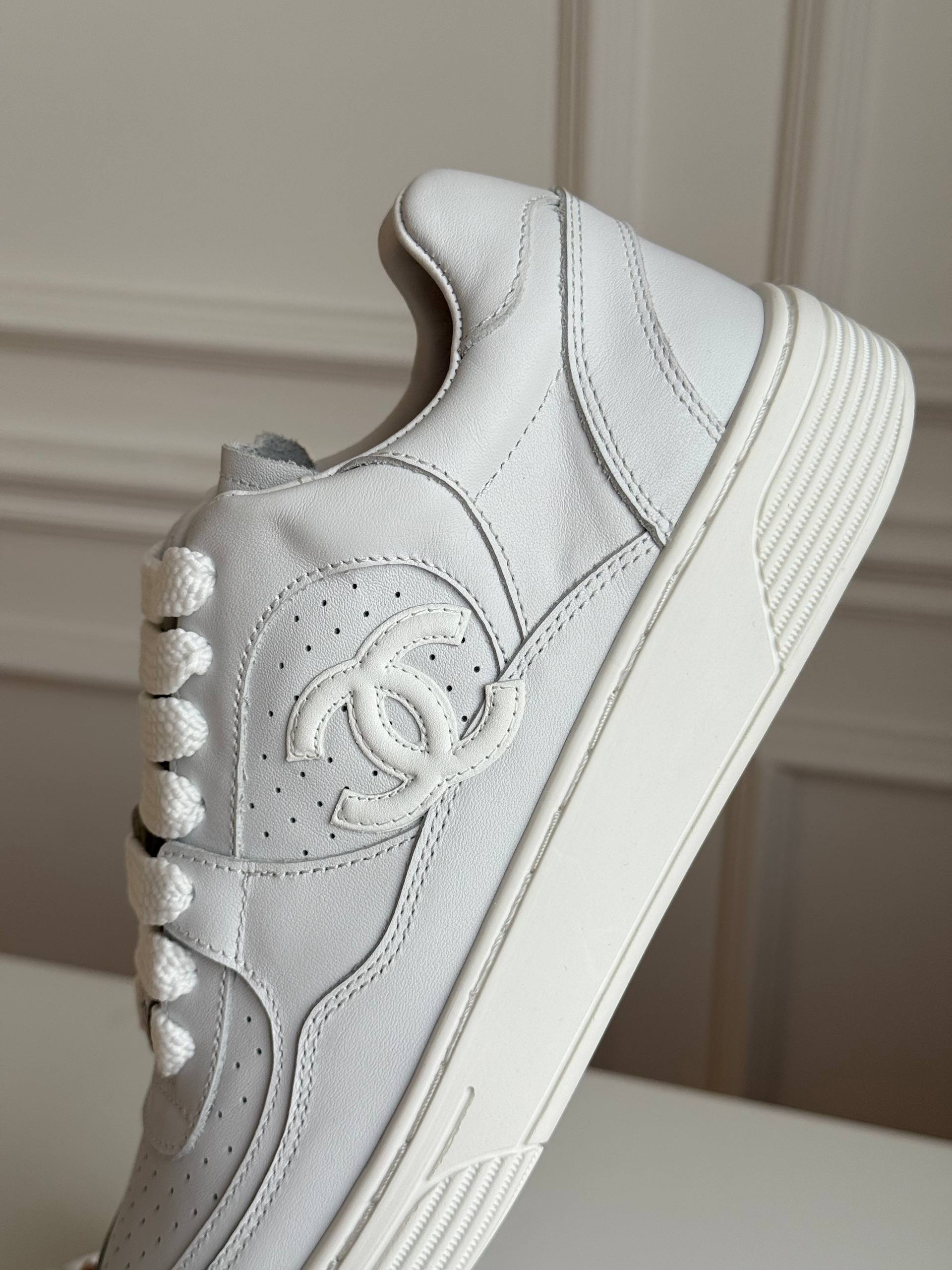 Chanel full-grain leather CC white sneakers