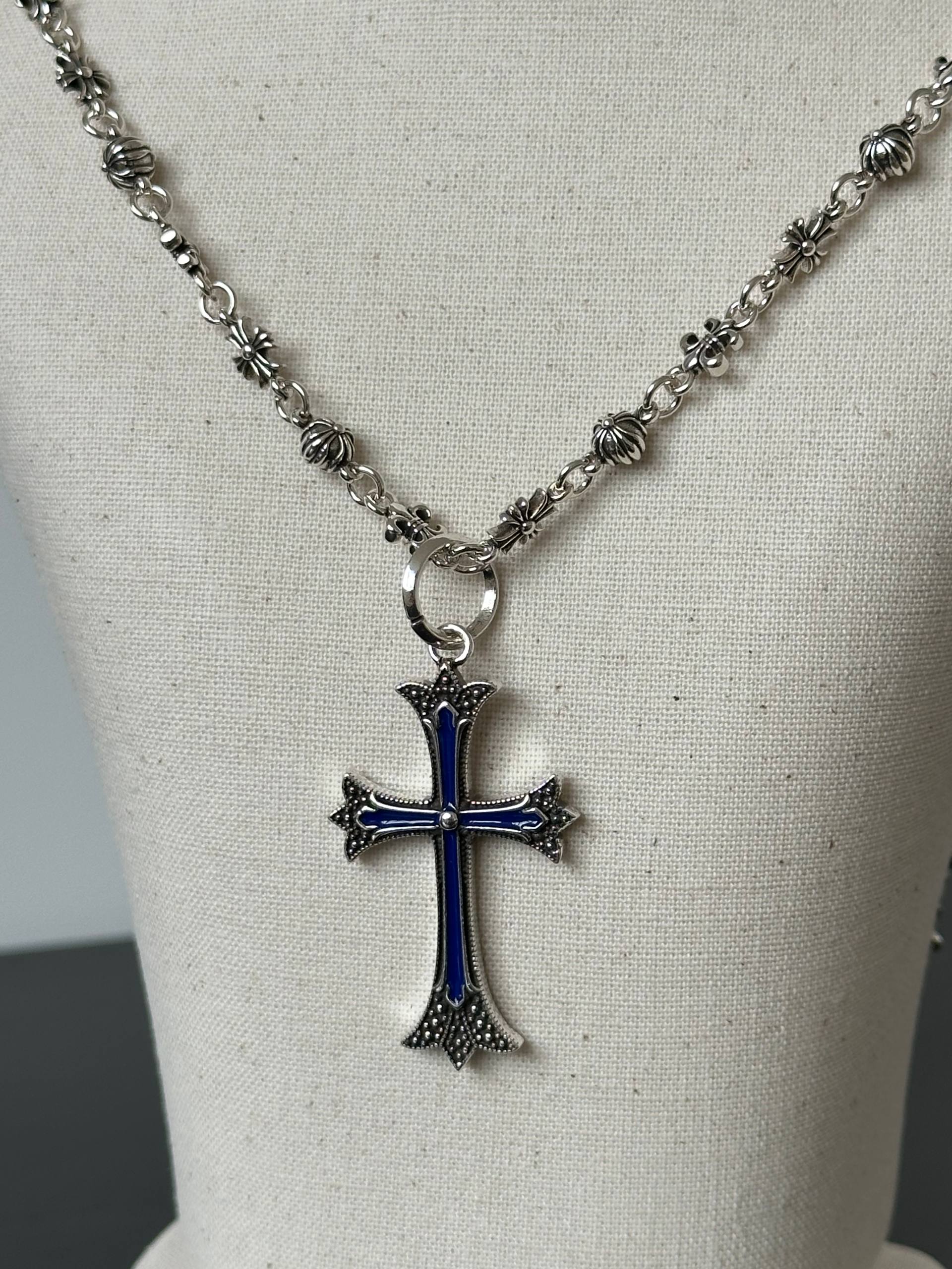 Chrome Hearts Cross Pendant Necklace with Blue Enamel