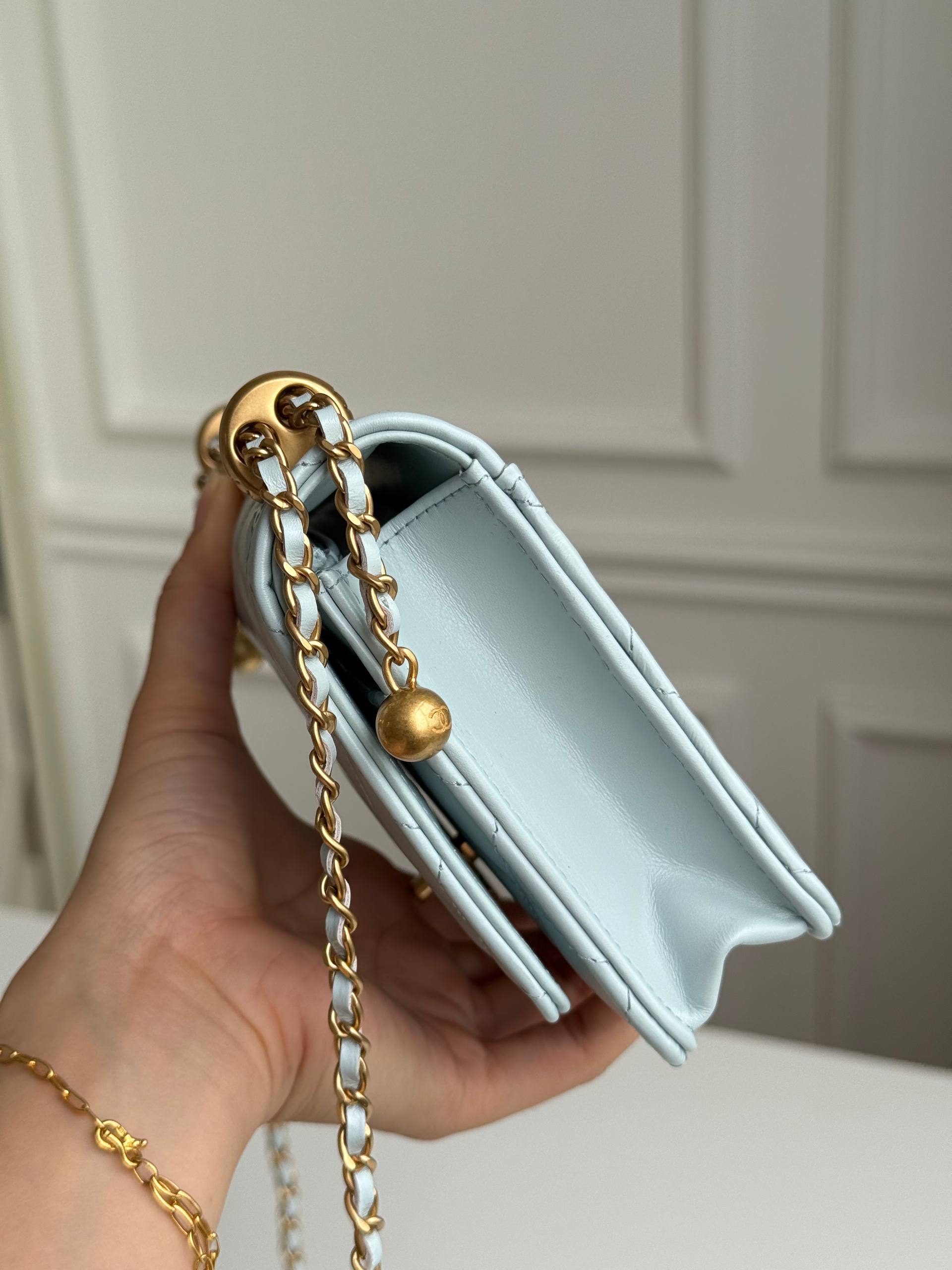 Chanel Pale Blue Lambskin Gold Bead Crossbody Bag