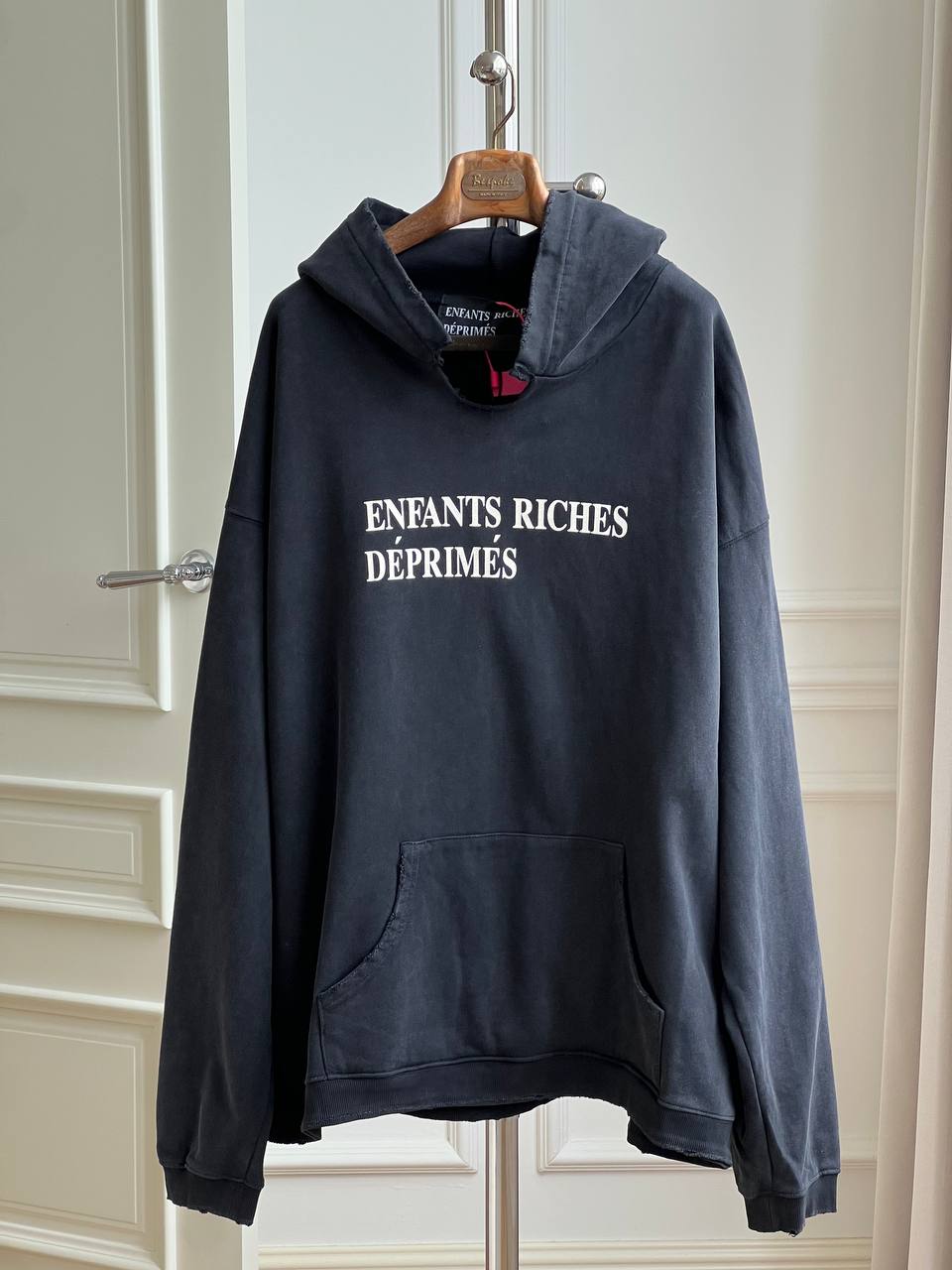 Enfants Riches Déprimés Washed Charcoal Vintage French Slogan Oversized Drop Shoulder Hoodie