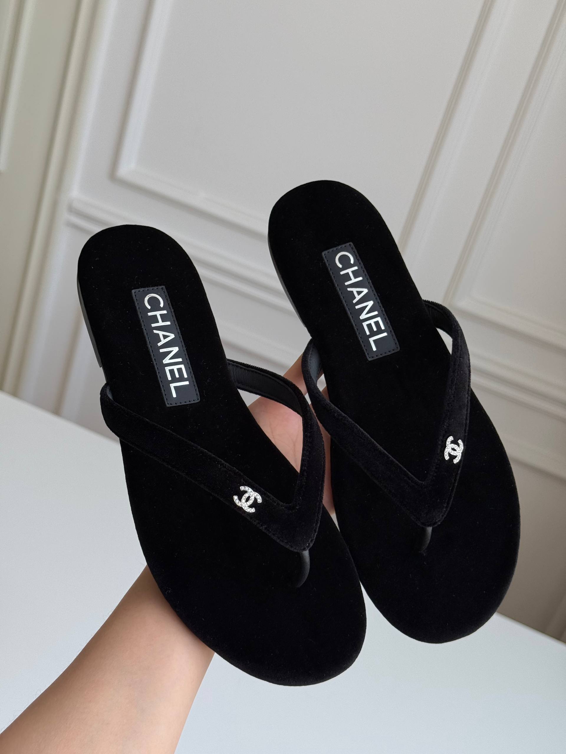 Chanel Velvet Crystal CC Logo Flip Flops