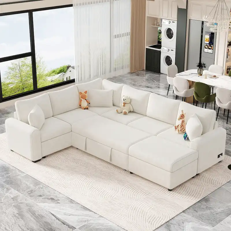 Canapé d'angle en chenille convertible, canapé-lit en forme de L avec pouf de rangement, 3 oreillers et dispositifs de charge