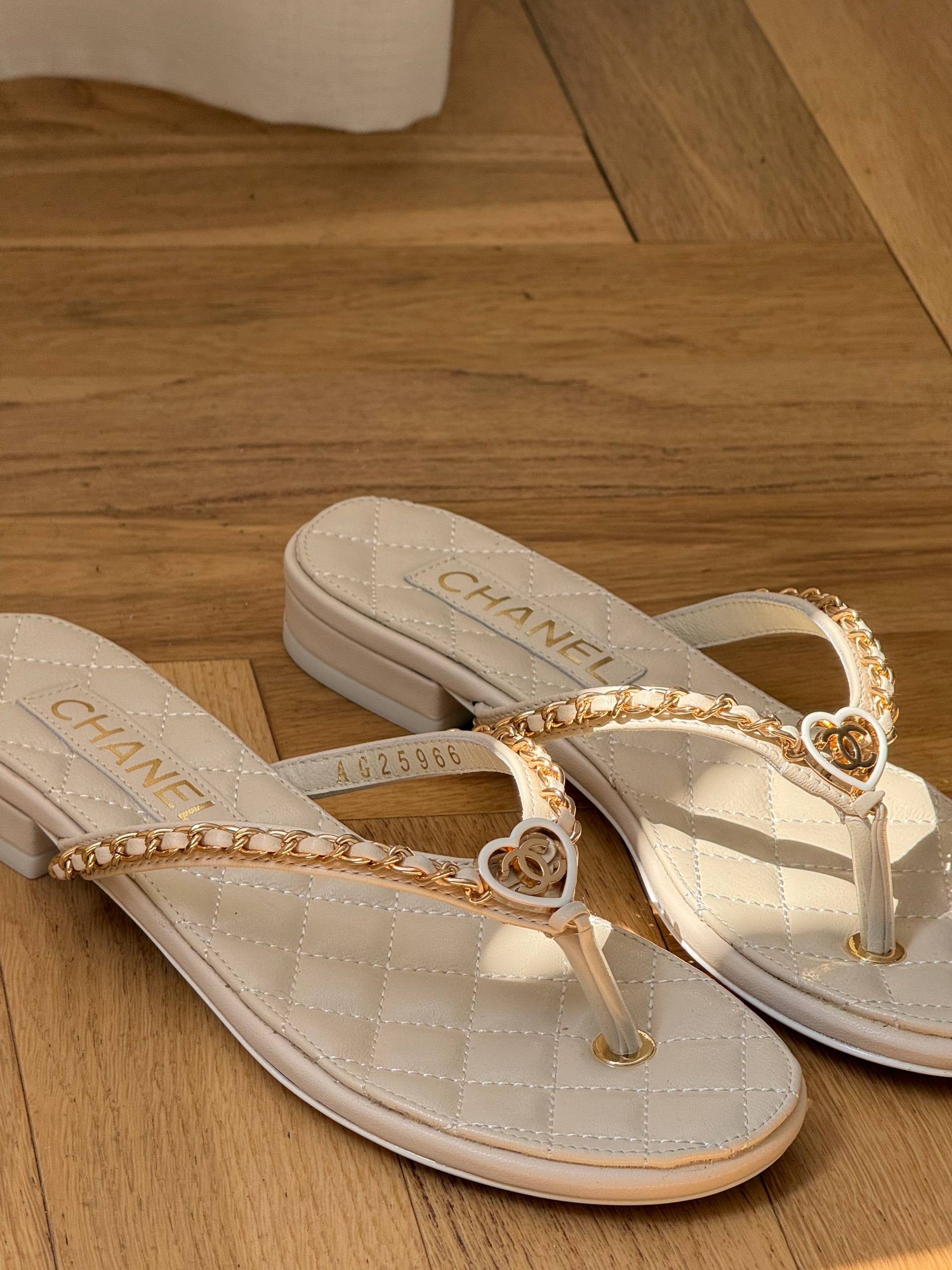 Chanel Quilted Lambskin Heart & Chain Thong Sandals