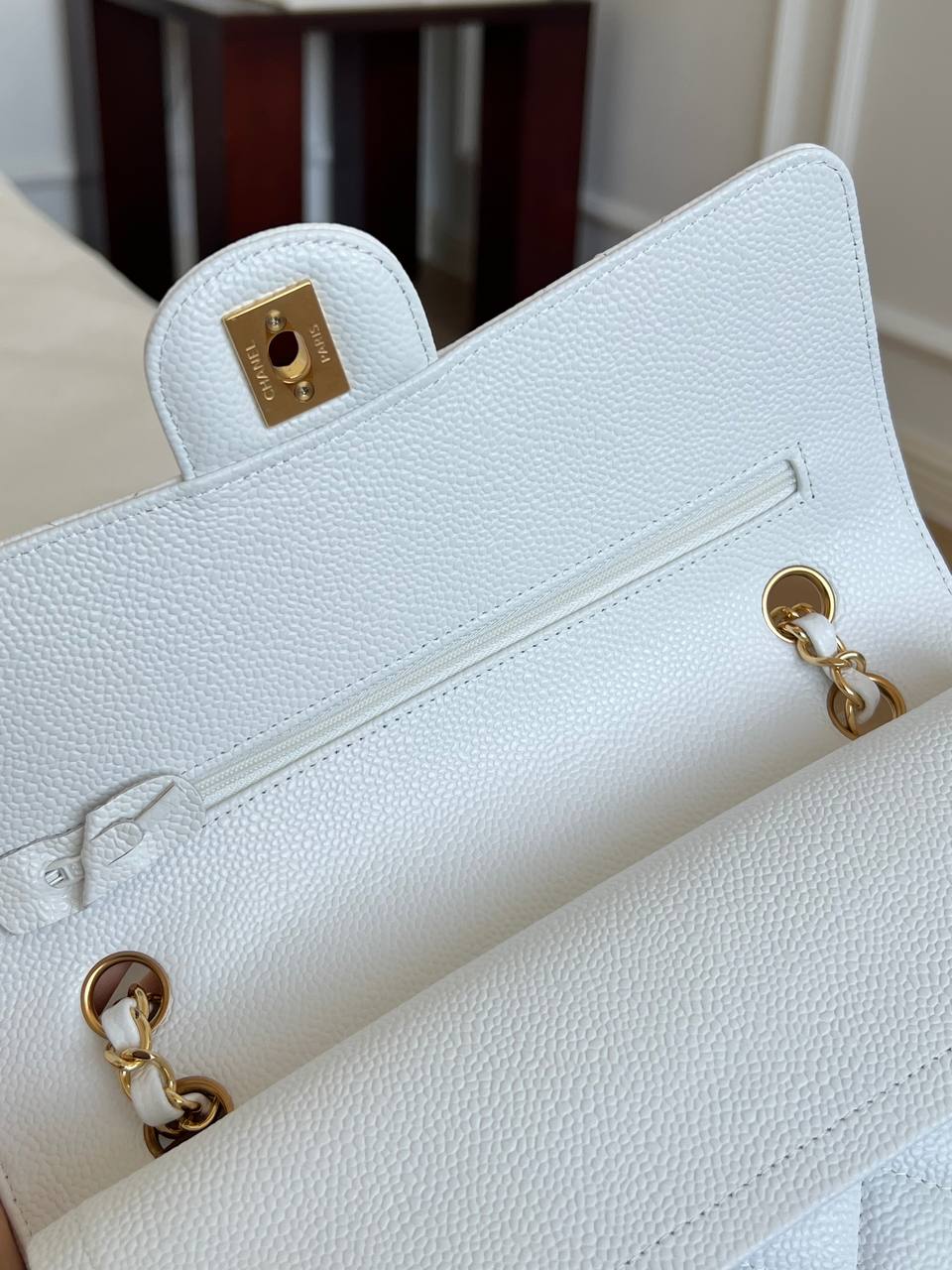 Chanel White Caviar Leather Classic Flap Medium Gold Hardware Handbag