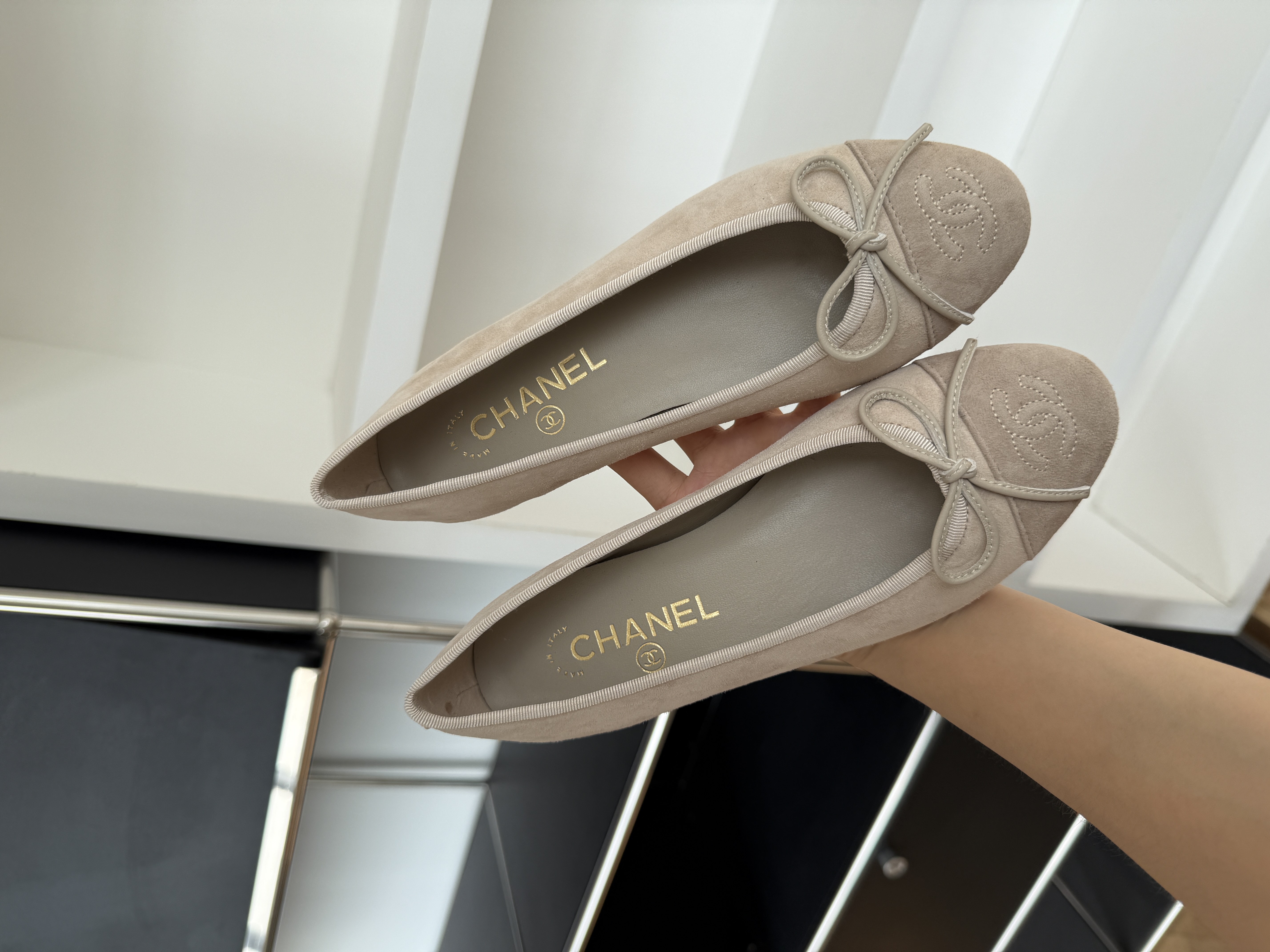 CHANEL Suede Bow CC Embroidered Ballerina Flat Shoes