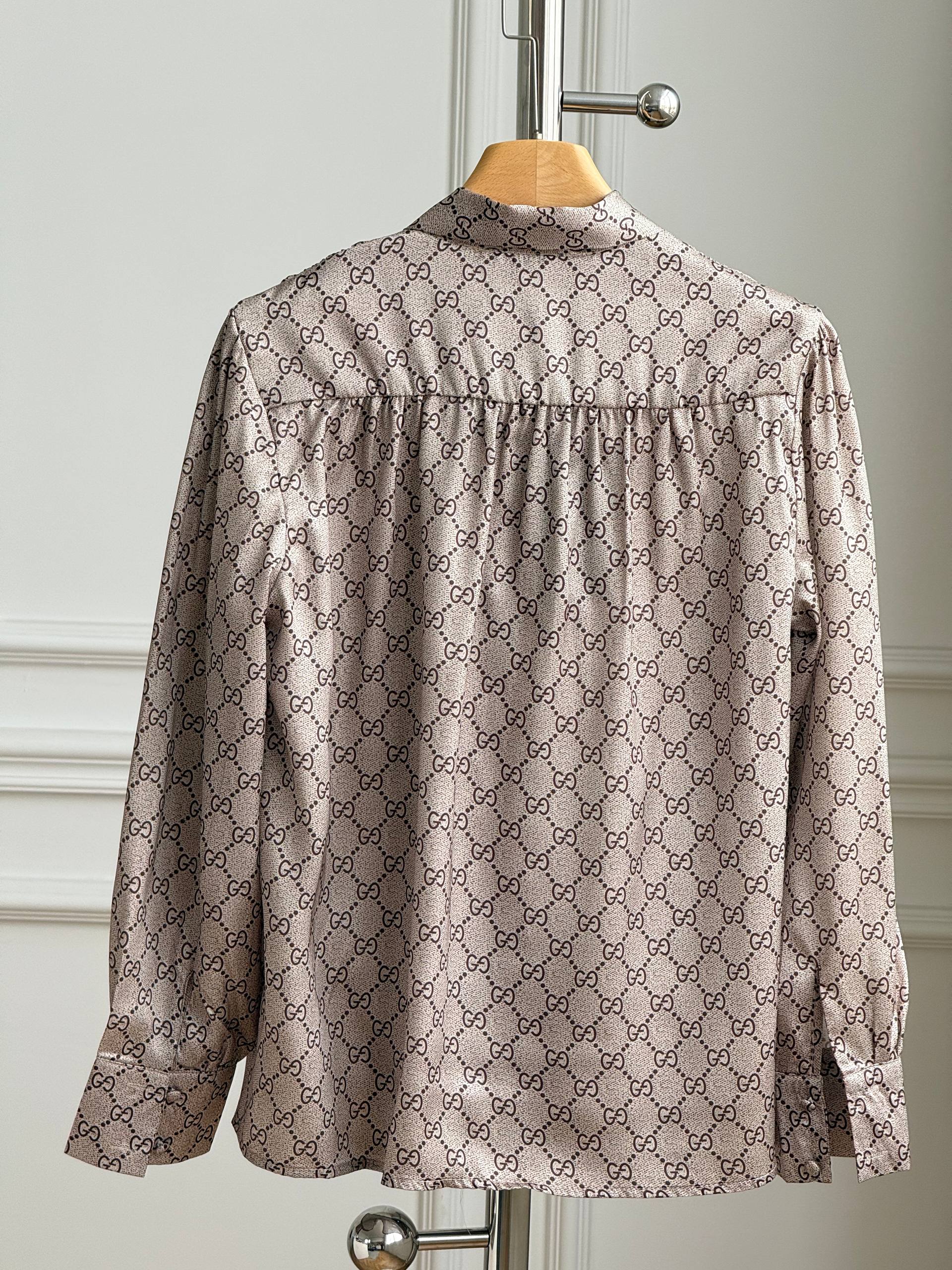 Gucci All-over GG Monogram Bow Tie Neck Satin Blouse