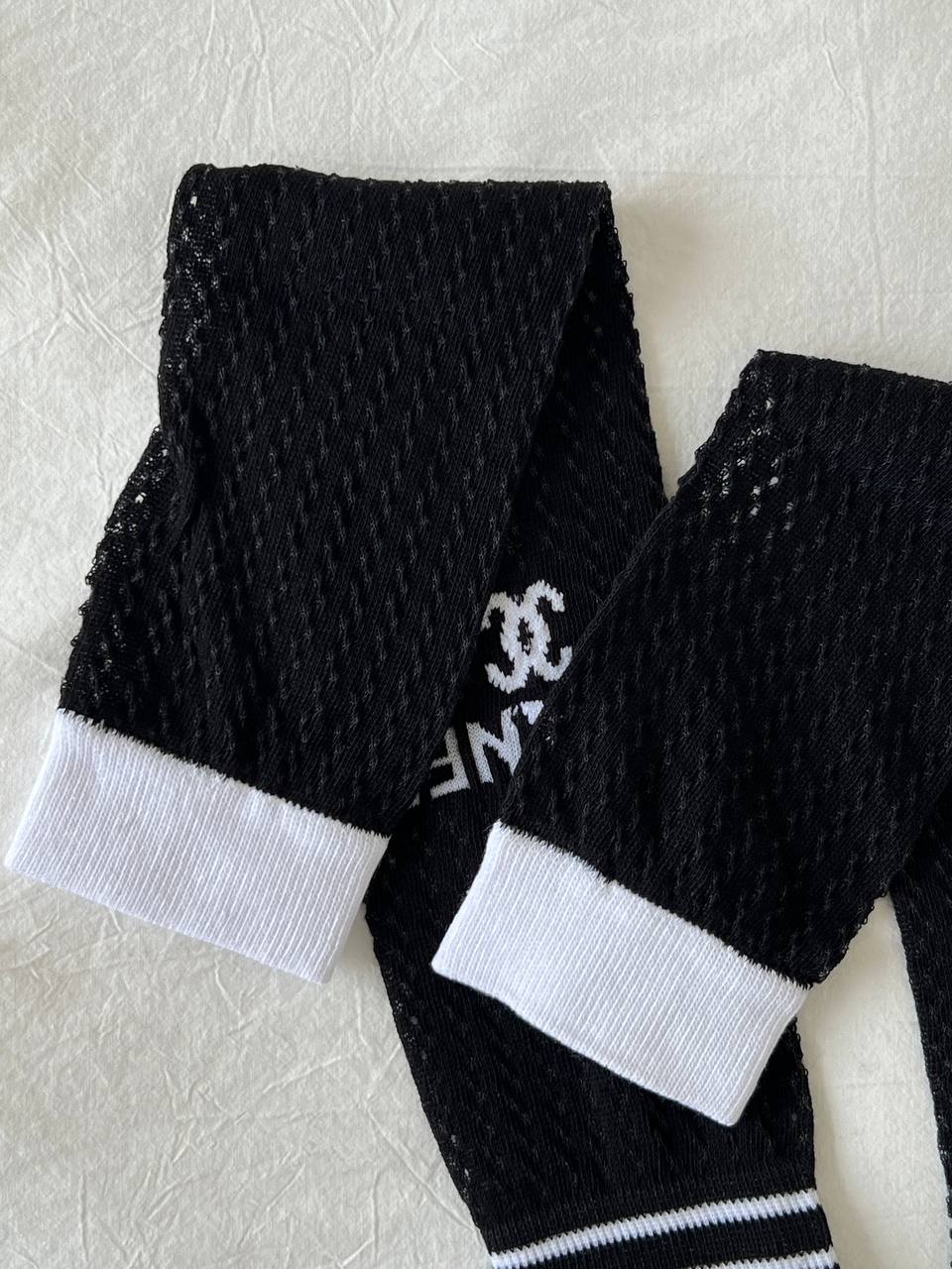 Chanel Black White Mesh Knit CC Logo Leg Warmers