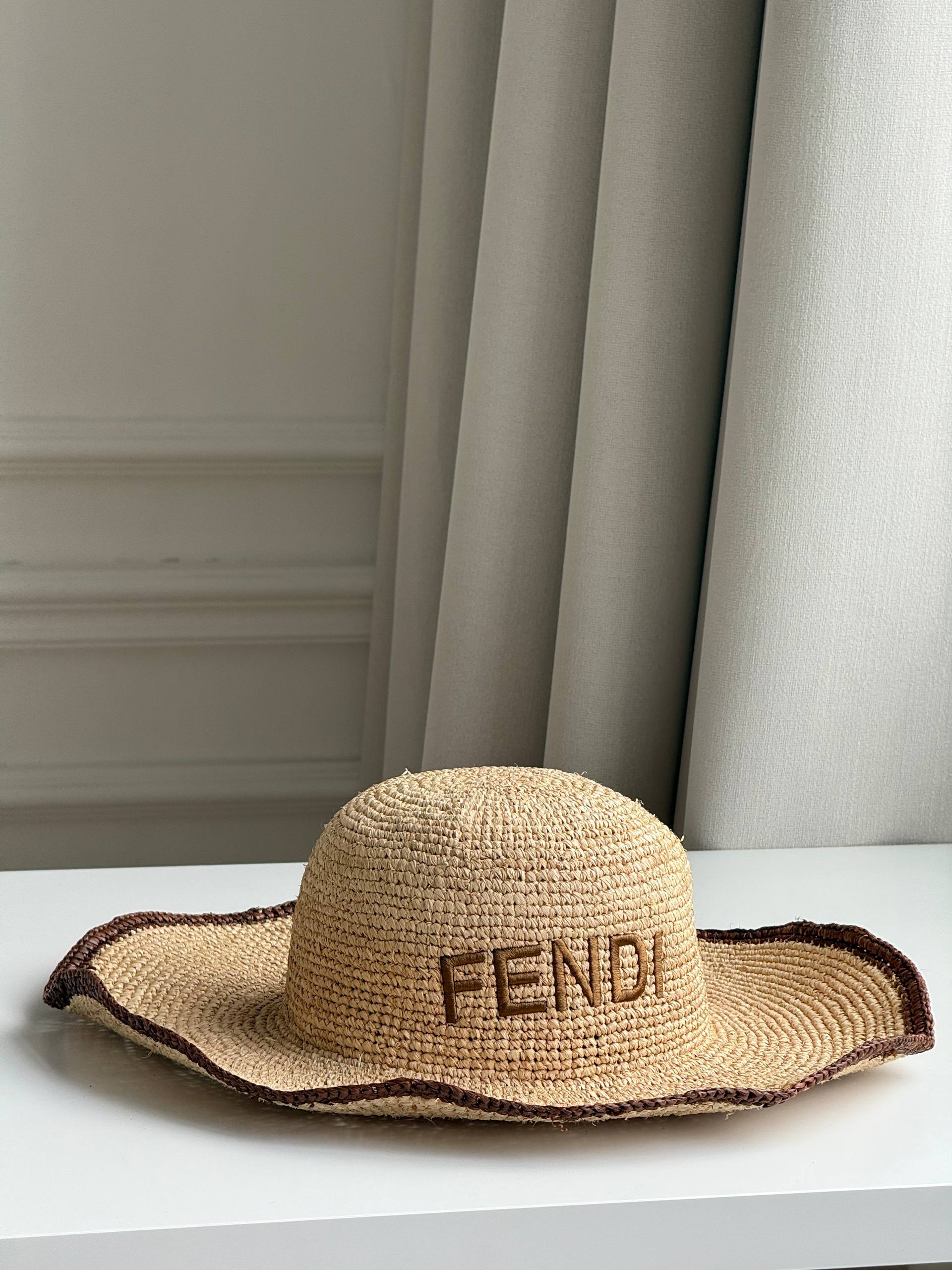 Fendi Embroidered Logo Raffia Wide-Brim Sun Hat