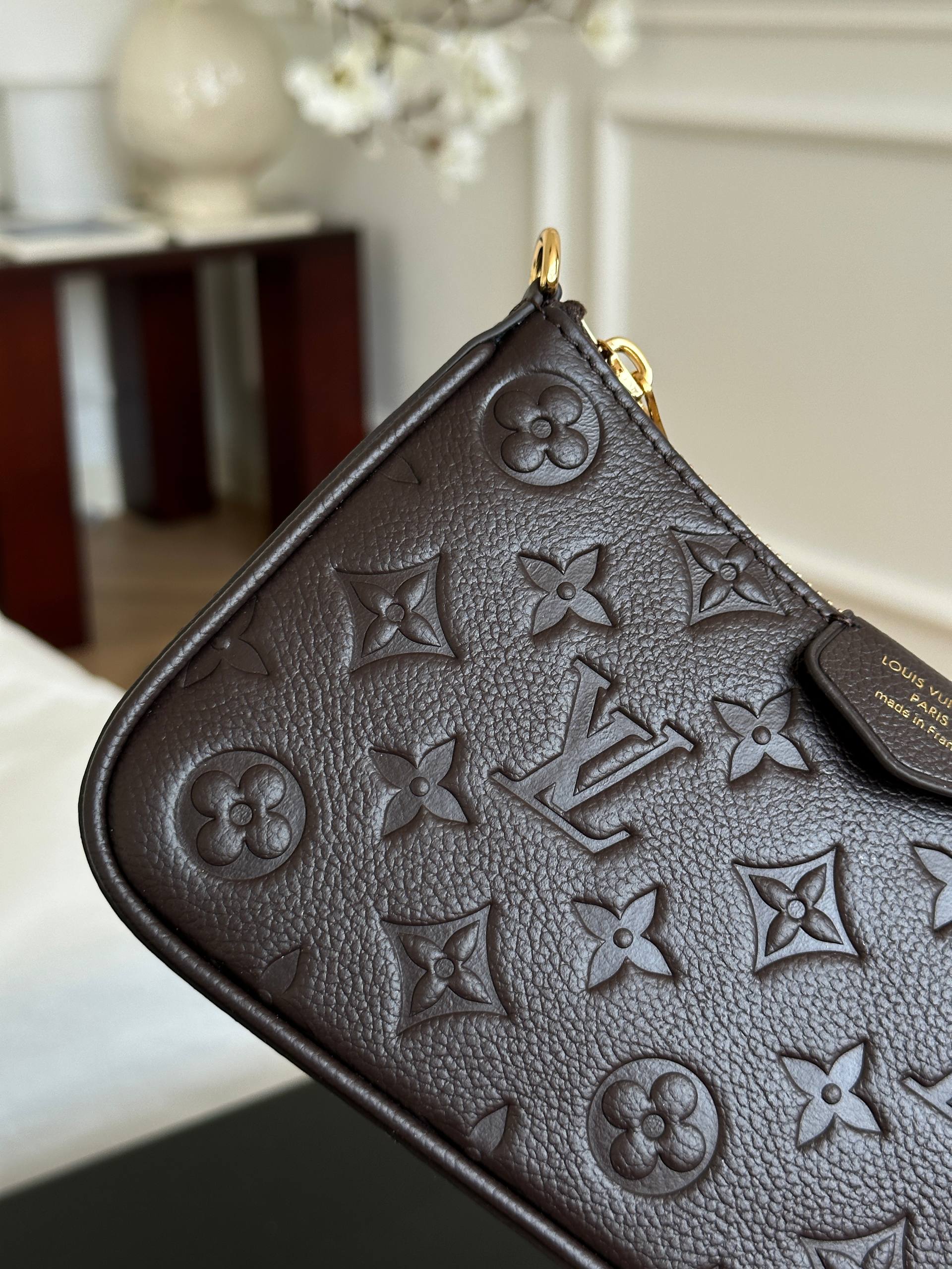 Louis Vuitton Dark Brown Embossed Monogram Leather Zip Shoulder Bag