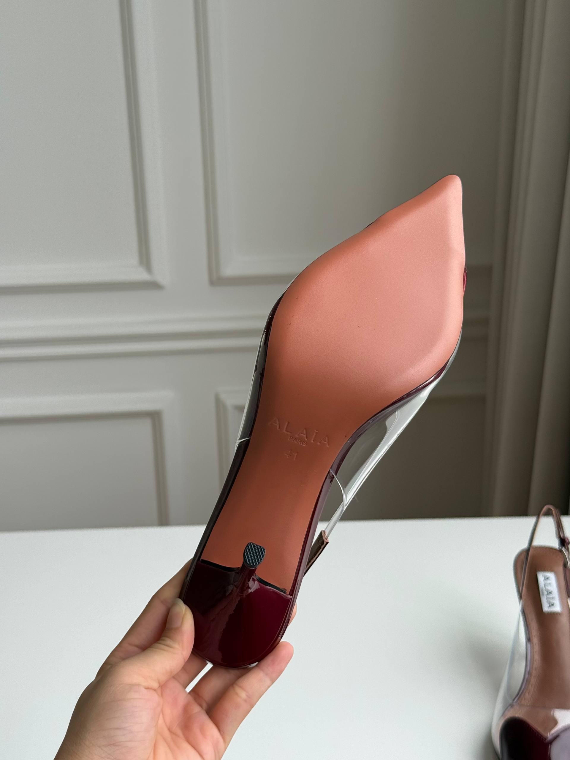 ALAÏA Le Cœur 90 Patent Leather & PVC Slingback Pumps (Burgundy)