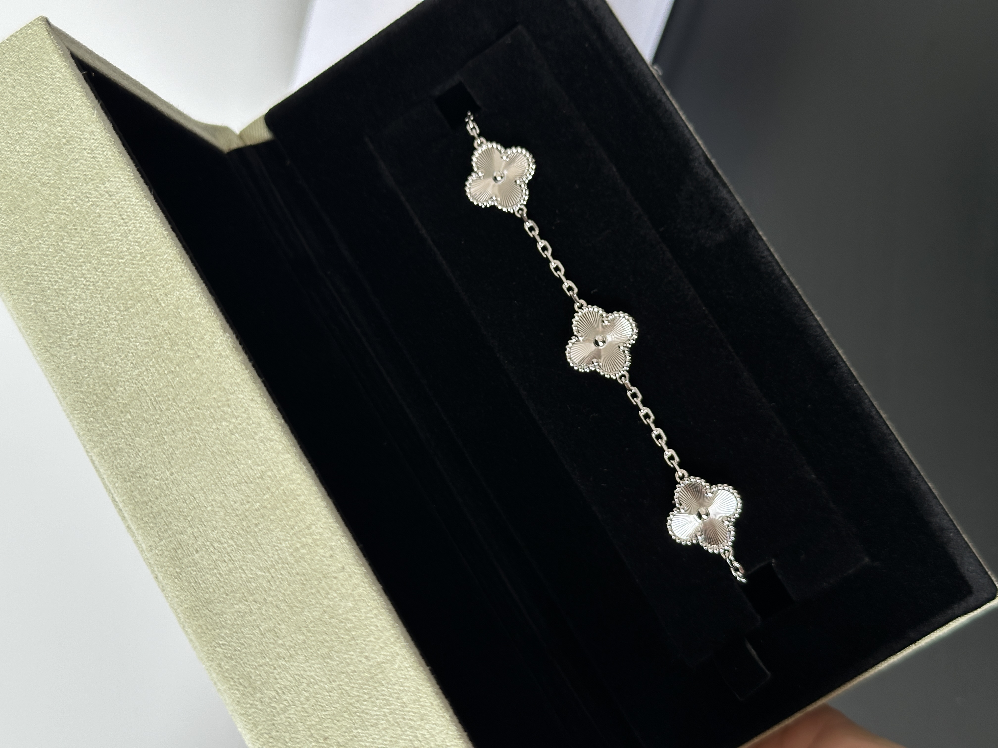 Van Cleef & Arpels Vintage Alhambra 5 Motifs White Gold Guilloché Bracelet