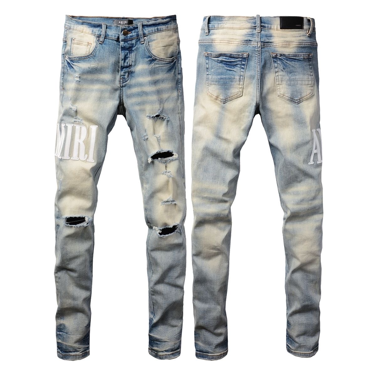 No. 8893 White Letters Ripped Jeans Blue