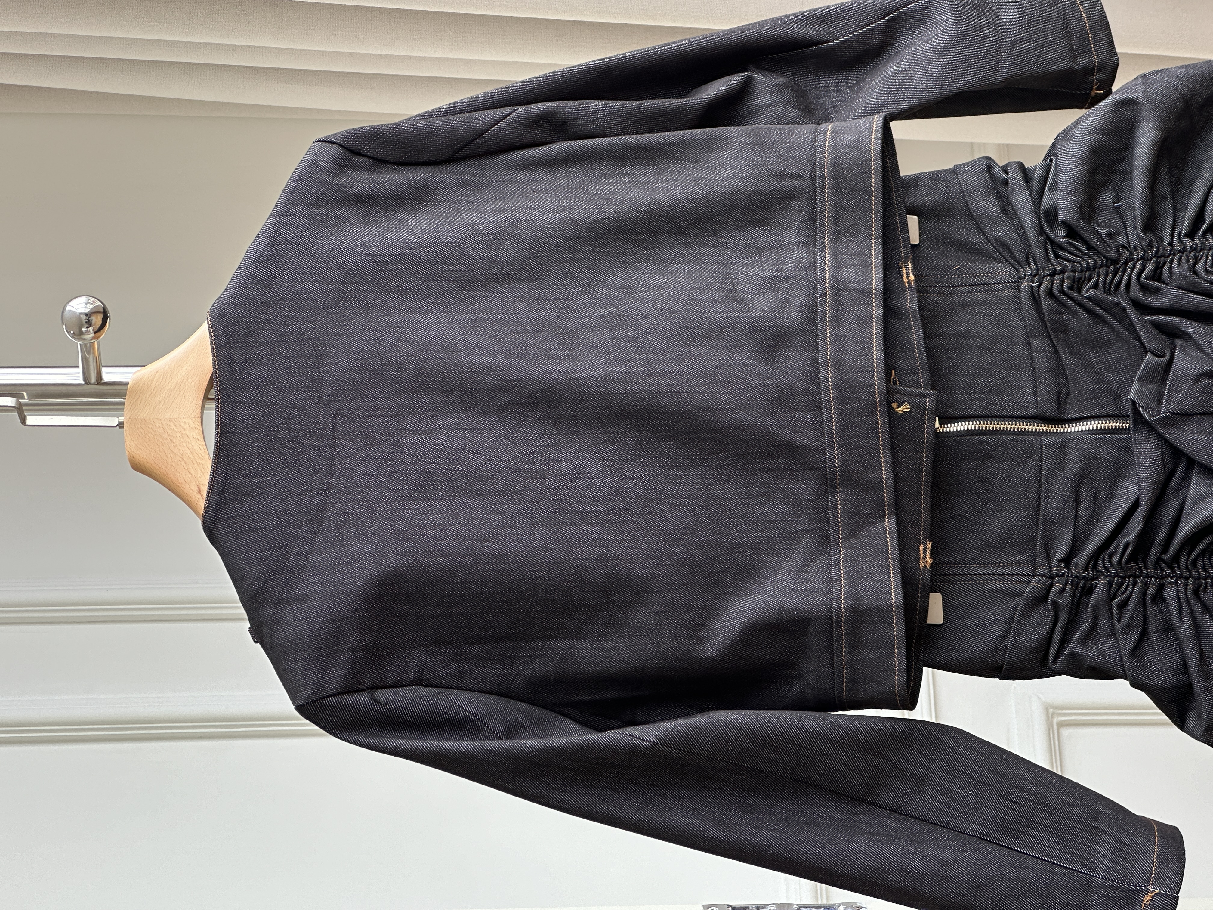 Chanel Style Round Neck Gold Button Cropped Denim Jacket & Ruched Bud Mini Skirt Two Piece Set