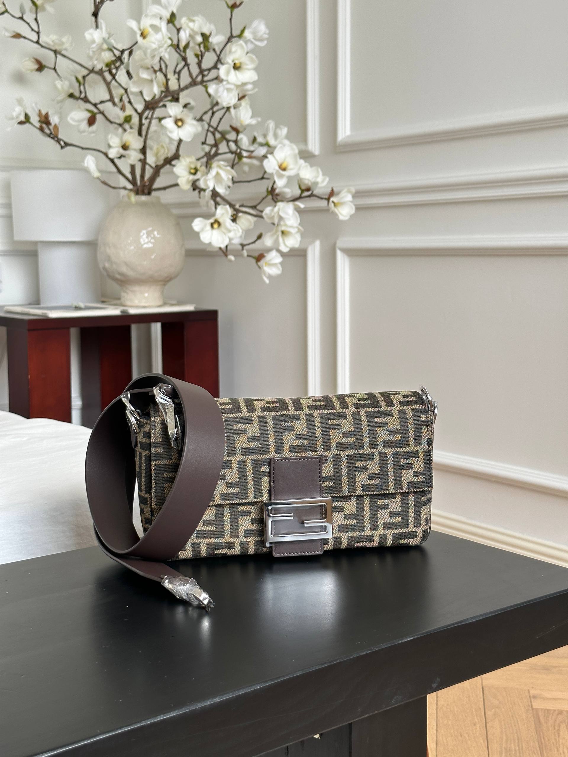 Fendi Vintage FF Jacquard Baguette Medium Shoulder Bag with Silver FF Buckle