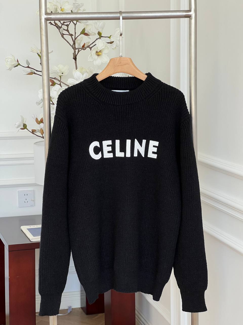 Celine Black Thick Rib Knit Crewneck Oversized Sweater With Logo Embroidery