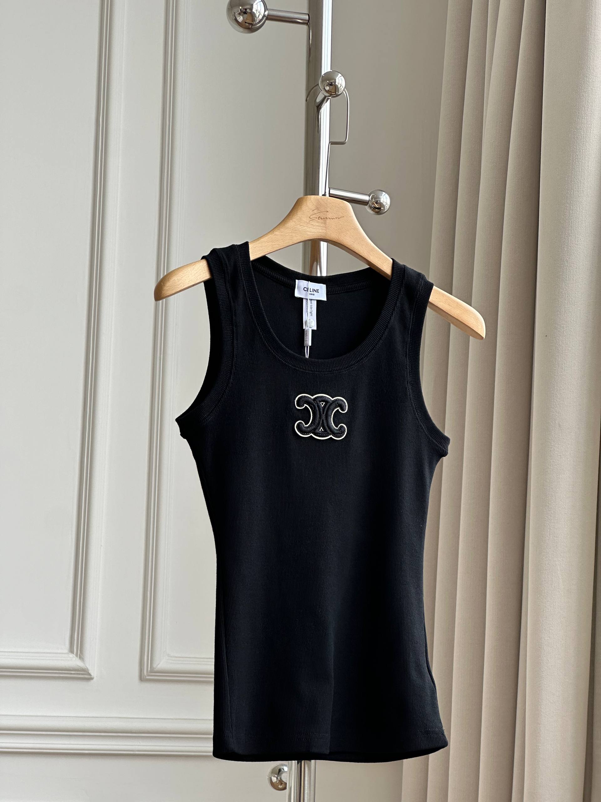 Celine Triomphe Logo Embroidered Ribbed Tank Top