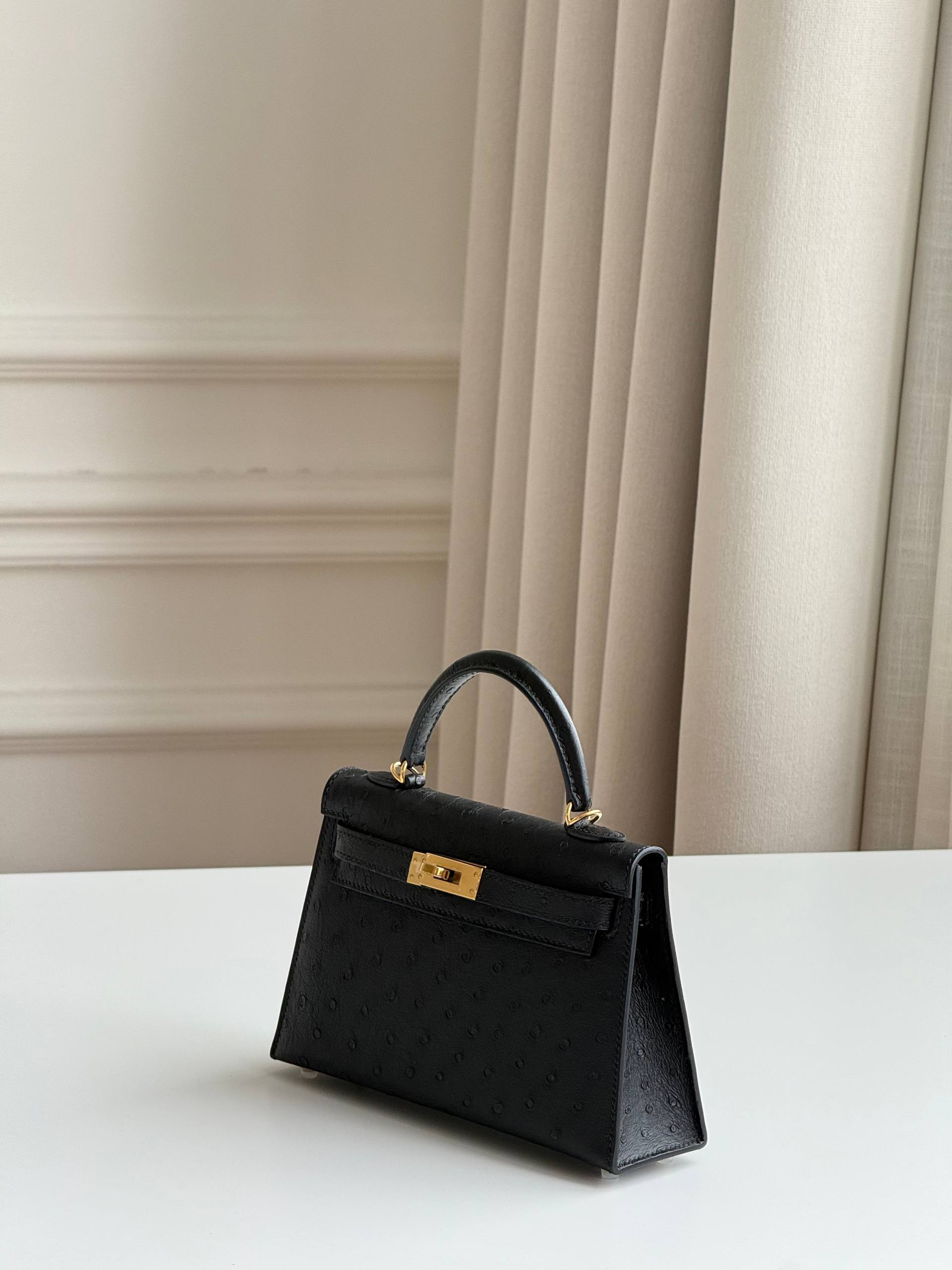 Mini Kelly 2 Ostrich Black Gold Hardware