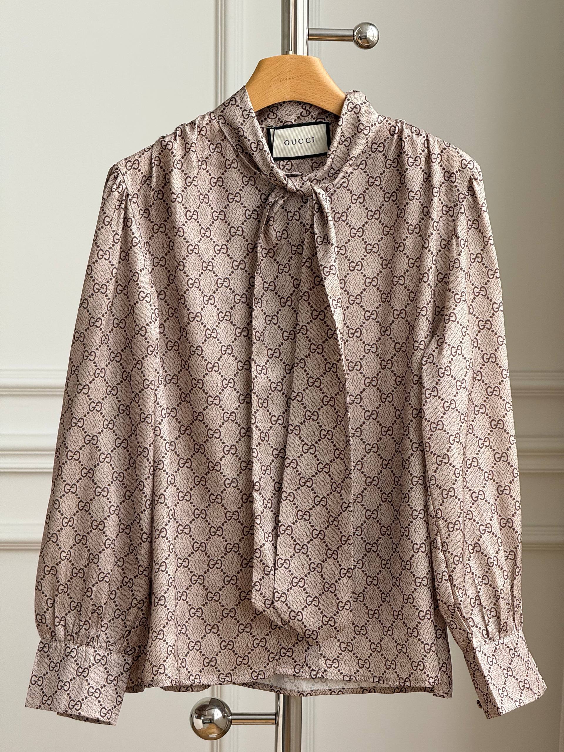 Gucci All-over GG Monogram Bow Tie Neck Satin Blouse