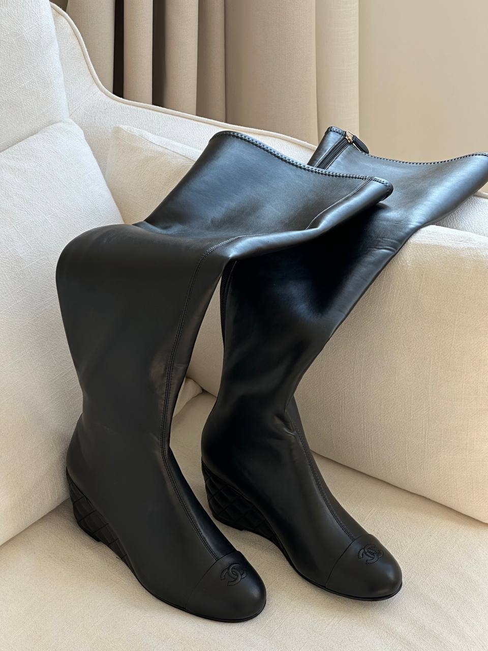 Chanel Black Smooth Lambskin Quilted Wedge Heel Knee-High Boots