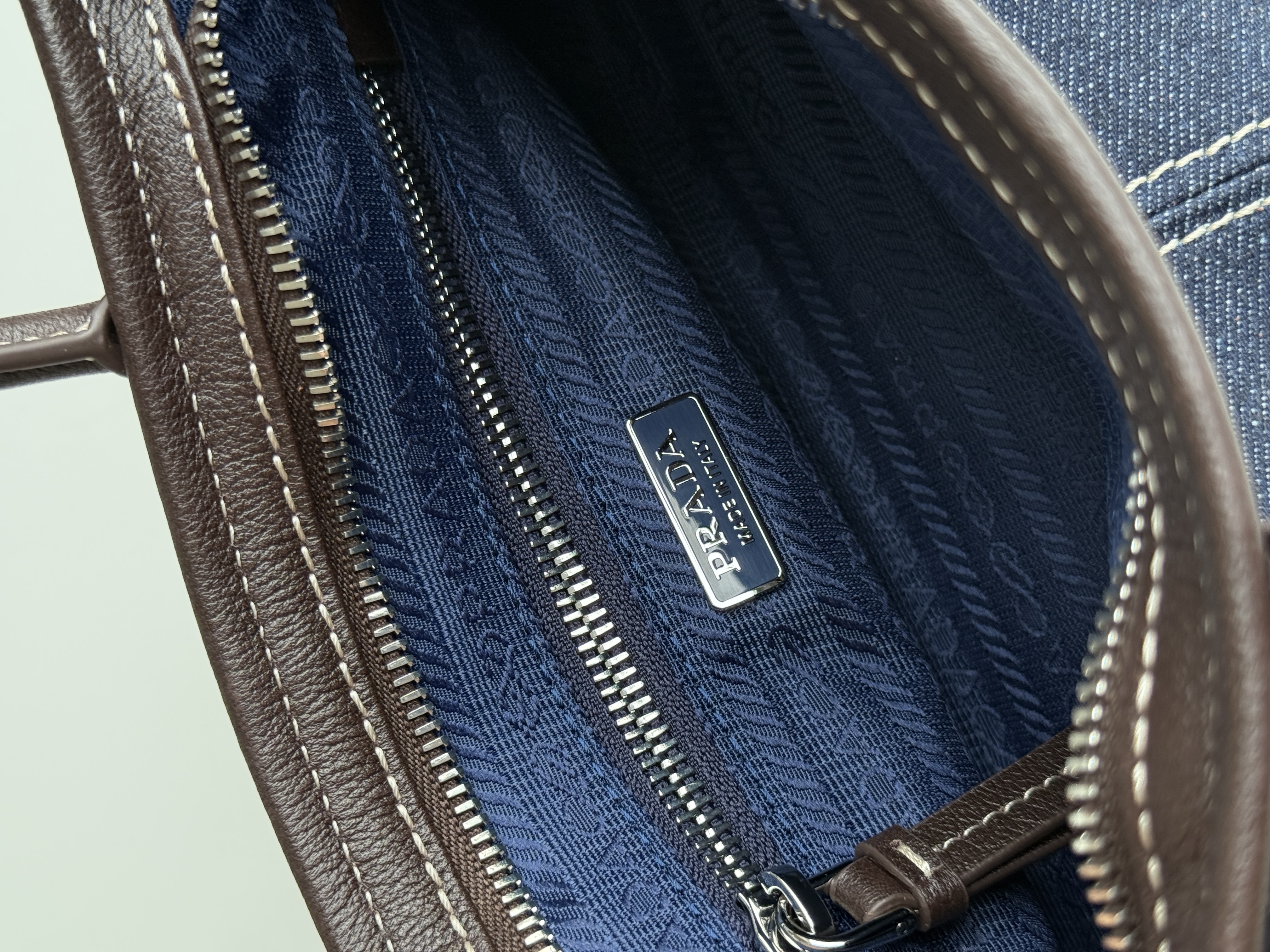 Prada Dark Blue Denim & Leather Trim Triangle Logo Tote Handbag