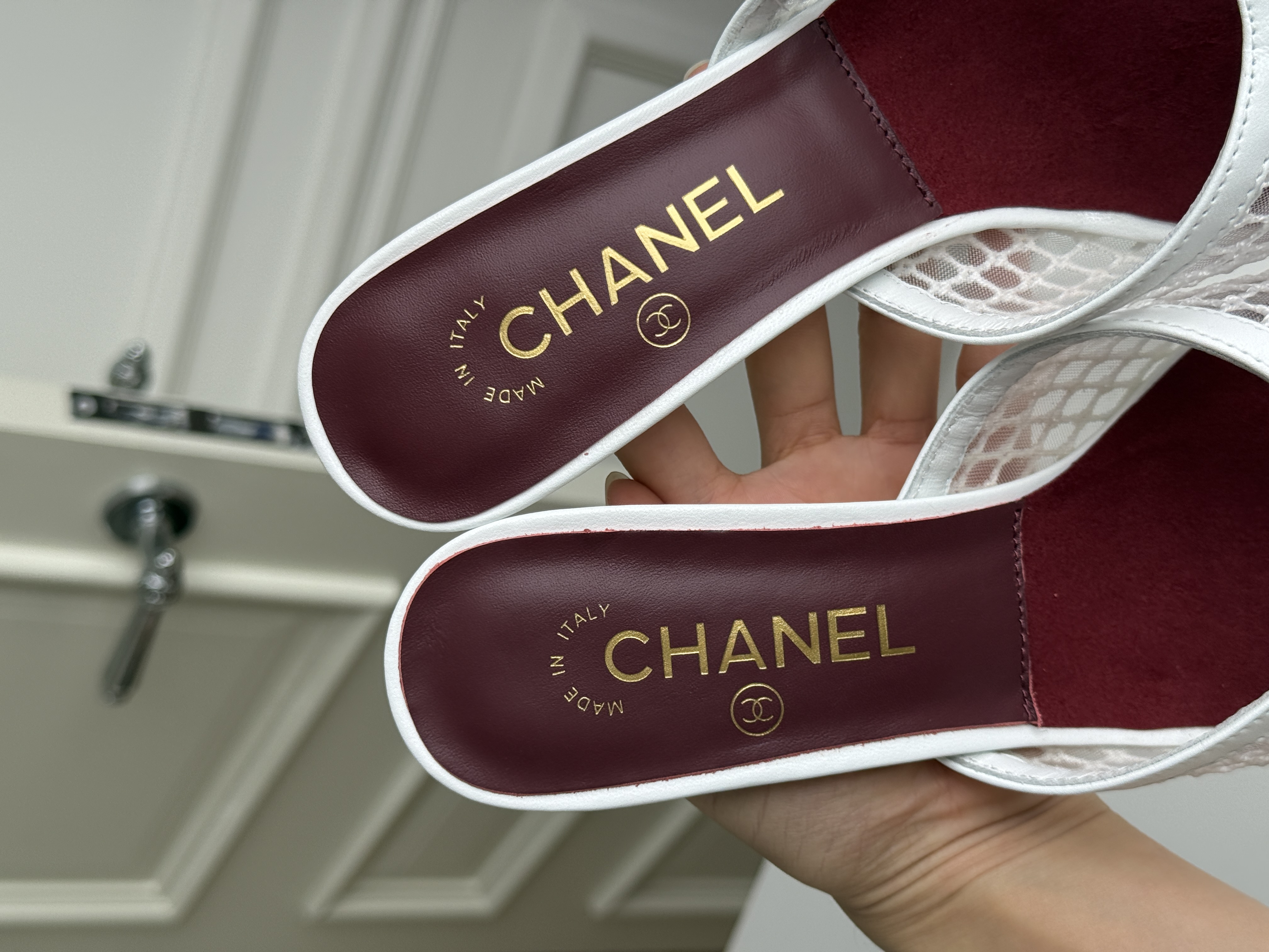 CHANEL Mesh Peep-Toe CC Block Heel Slide Mules