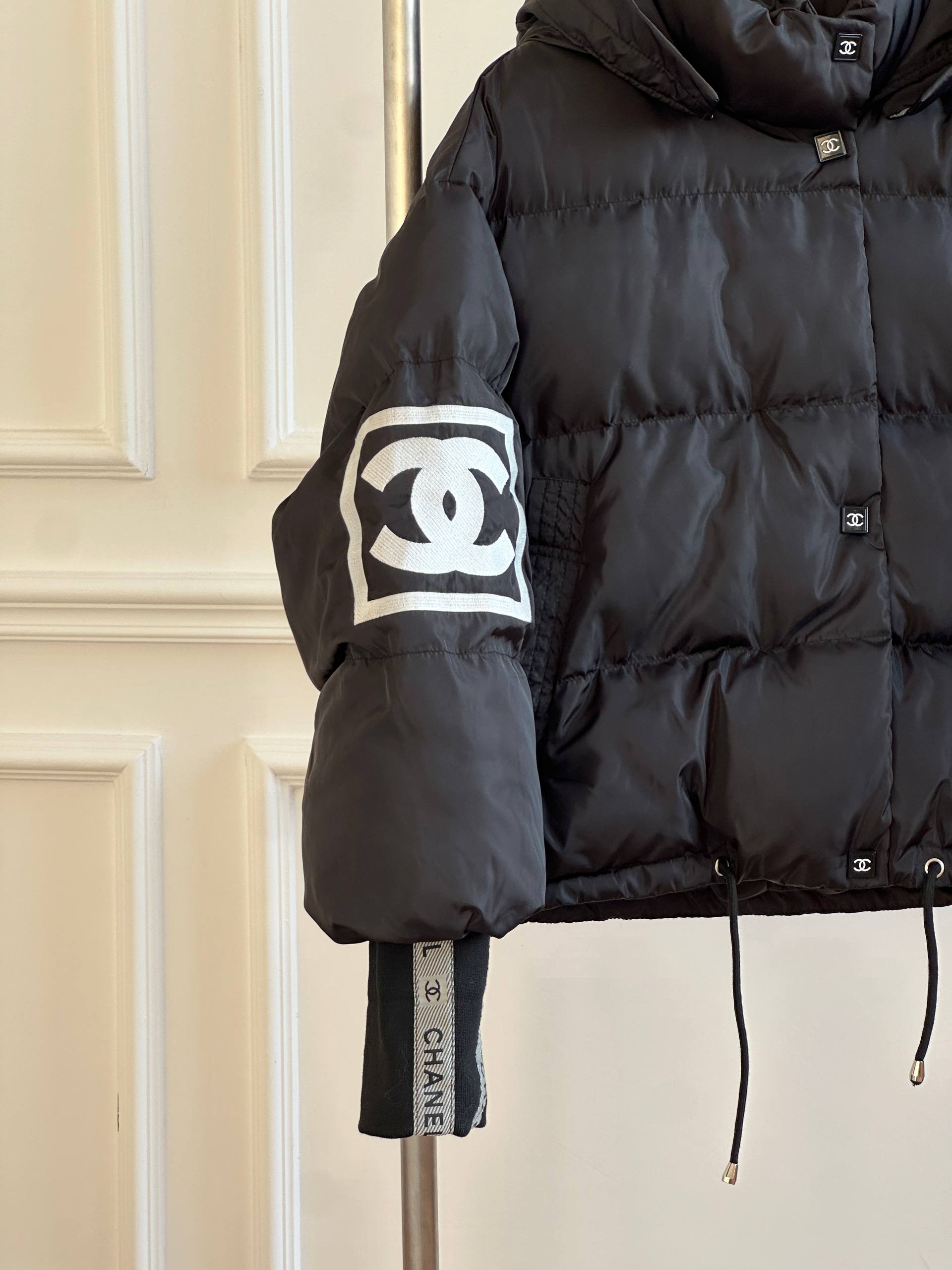 CHANEL Hooded Cropped Puffer Down Jacket with Square CC Patch & Logo Cuff Ribbons