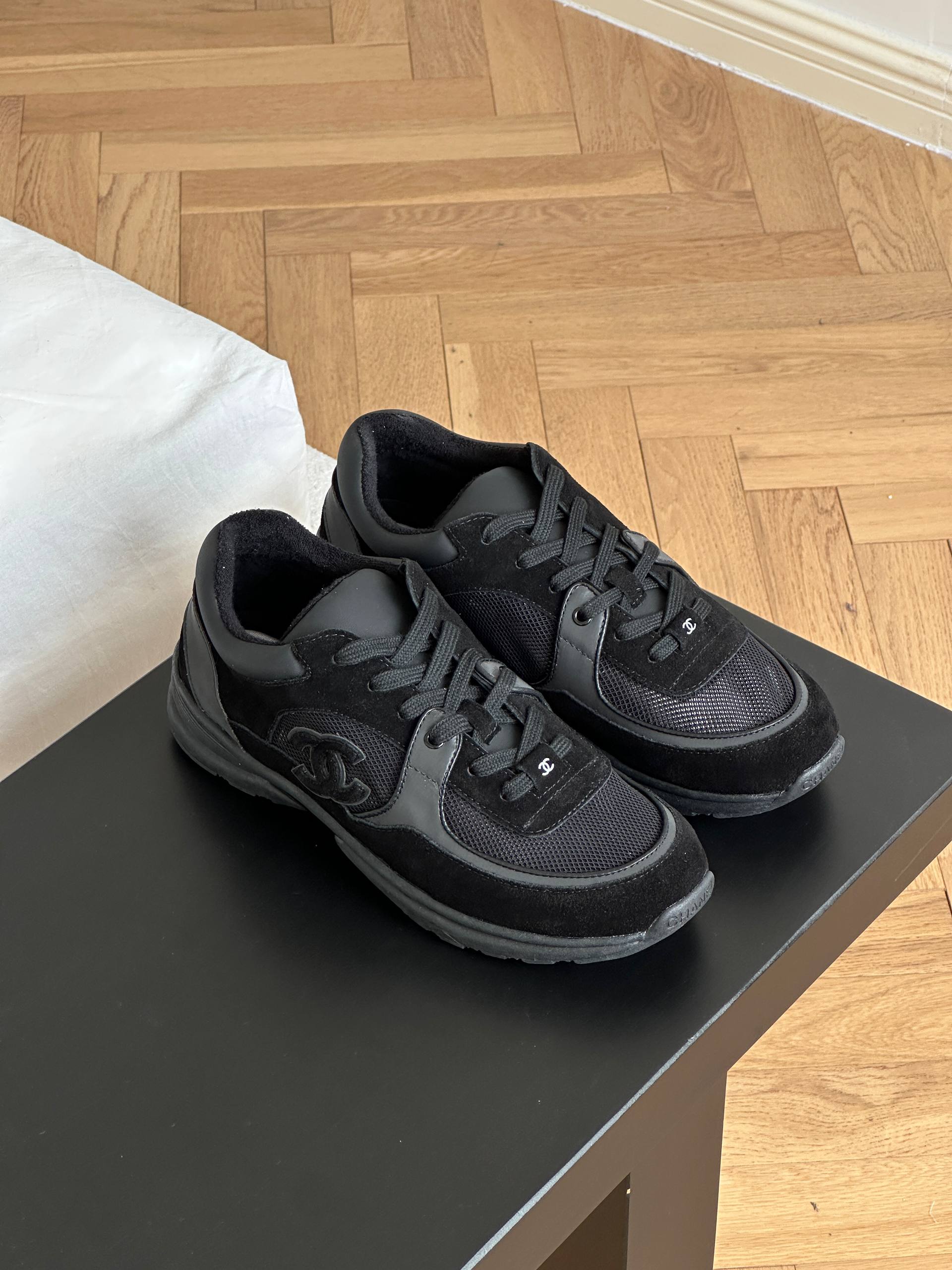 Chanel All-black Suede Mesh Panel CC Logo Low Top Sneakers