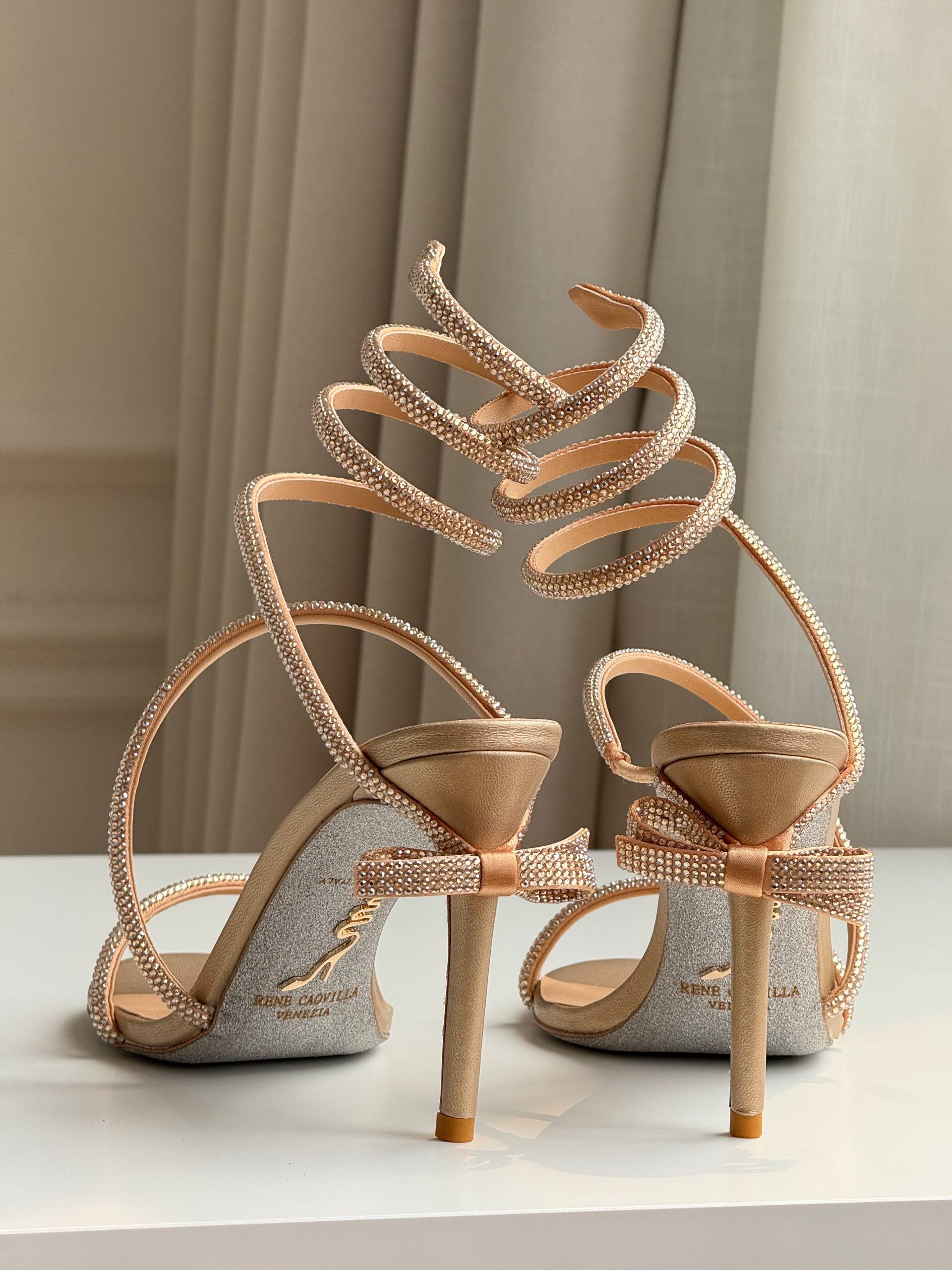 Rene Caovilla Cleo Series Nude Rhinestone Snake Wrap High-Heel Sandals