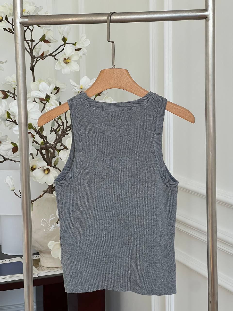 Miu Miu Grey Ribbed Rhinestone Letter Logo Crew Neck Knit Tank Top